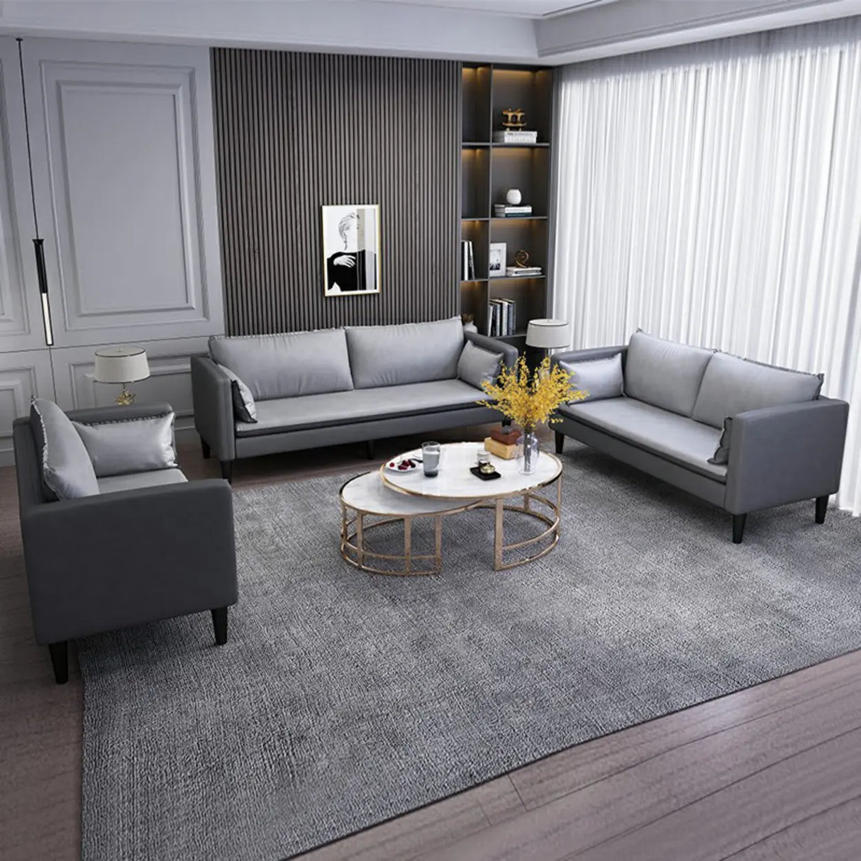 Grey Tech Cloth Pillow Back Square Arm Wood Frame Sofa Image - 1