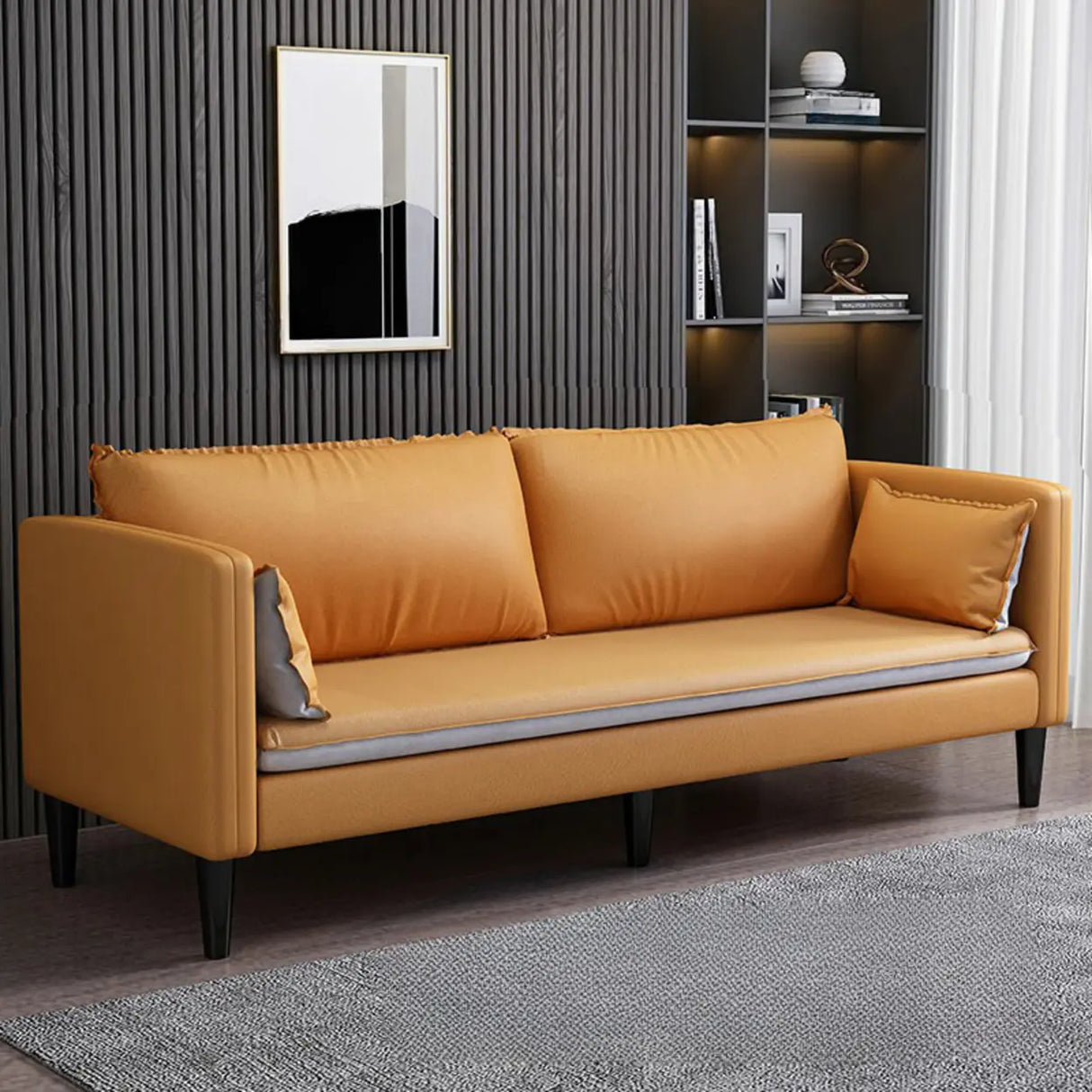 Grey Tech Cloth Pillow Back Square Arm Wood Frame Sofa Image - 3