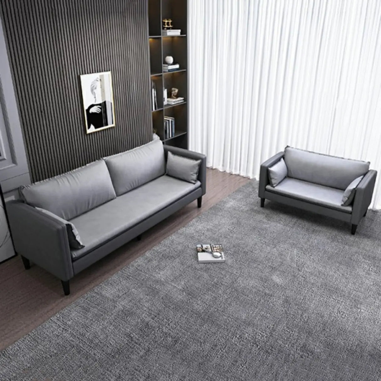 Grey Tech Cloth Pillow Back Square Arm Wood Frame Sofa Image - 4