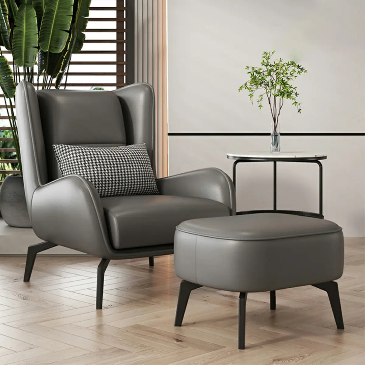 Grey Water Resistant Leather Flared Arm Wingback Chair Image - 3