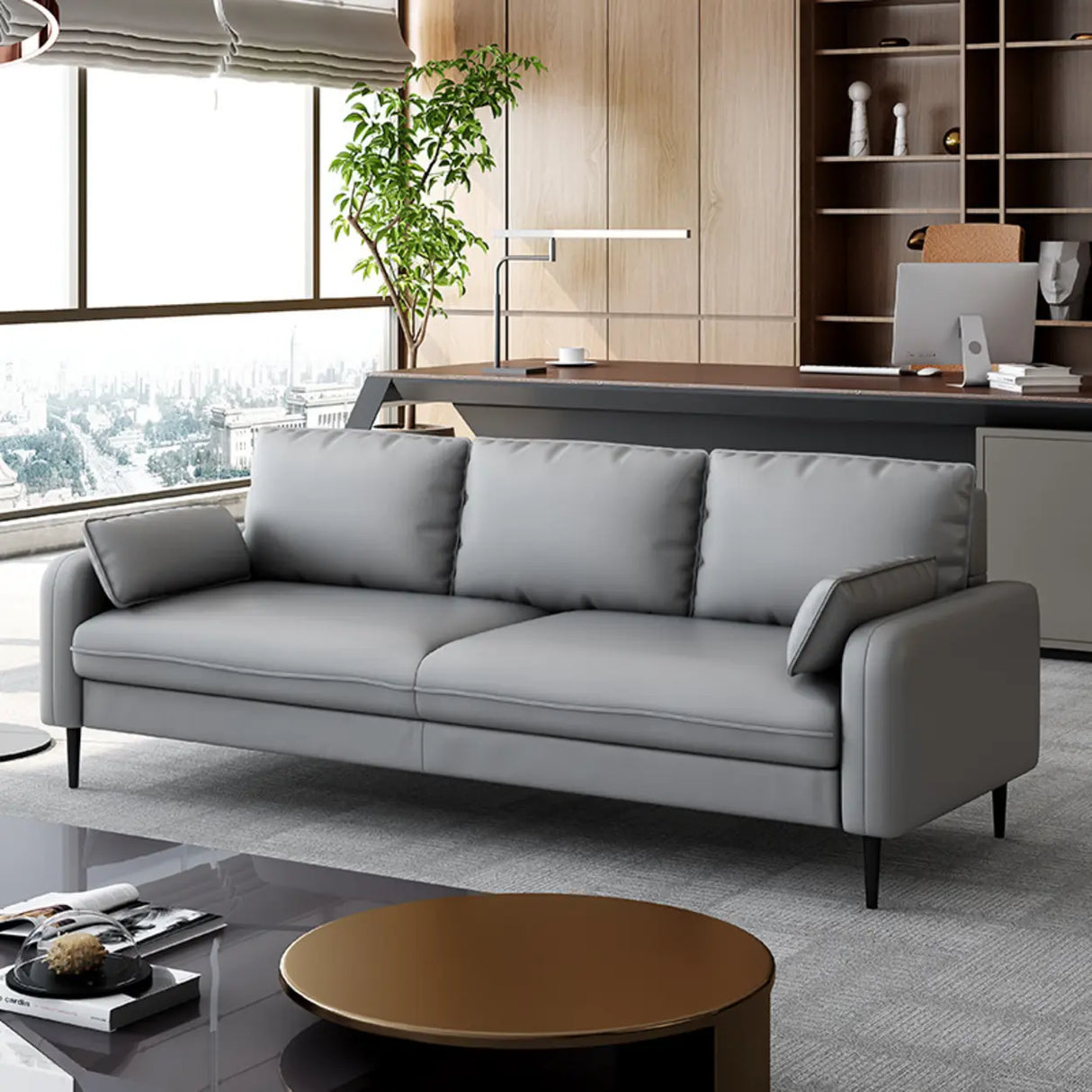 Grey Water Resistant Leather Square Arm Office Sofa Image - 1
