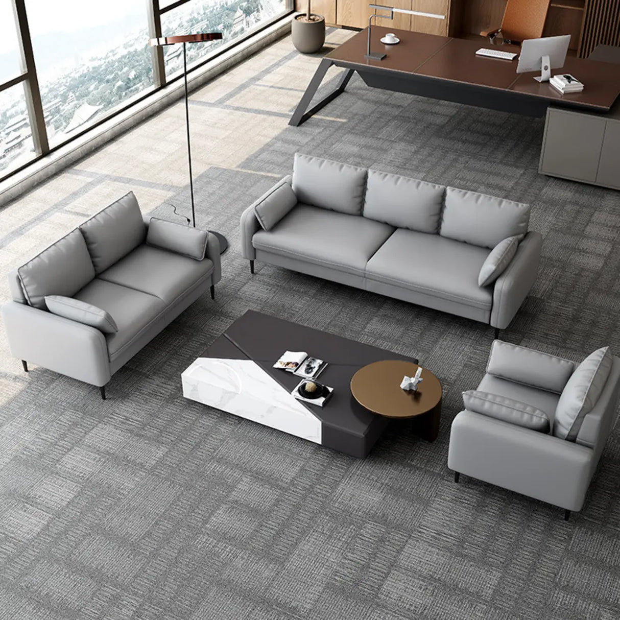 Grey Water Resistant Leather Square Arm Office Sofa Image - 3