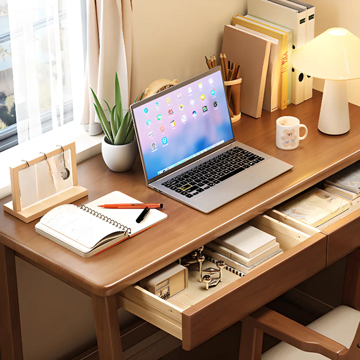 Grey Wood Drawers Rectangle Butcher Block Writing Desk Image - 11