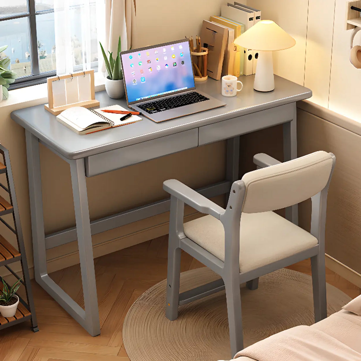 Grey Wood Drawers Rectangle Butcher Block Writing Desk Image - 1