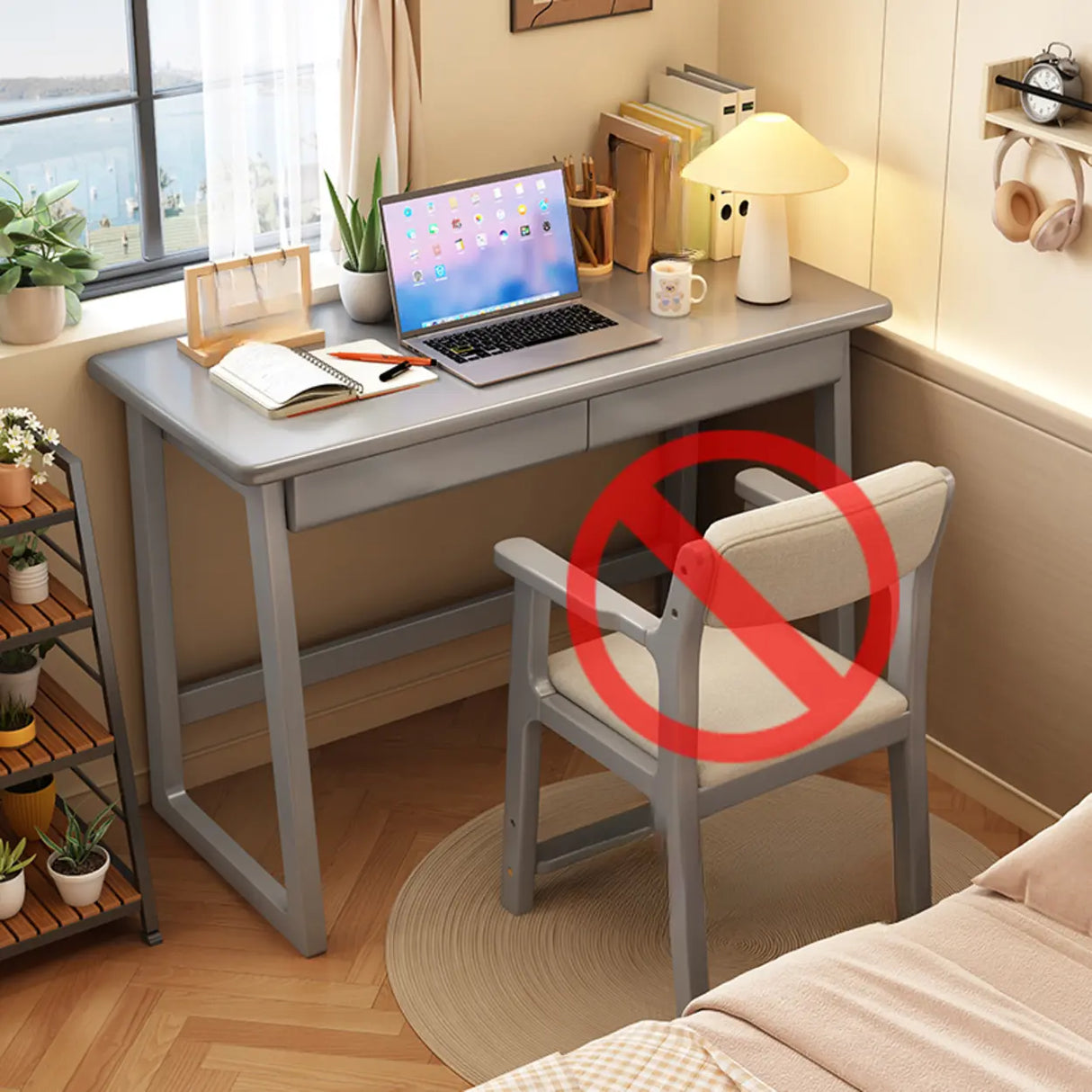 Grey Wood Drawers Rectangle Butcher Block Writing Desk Image - 3