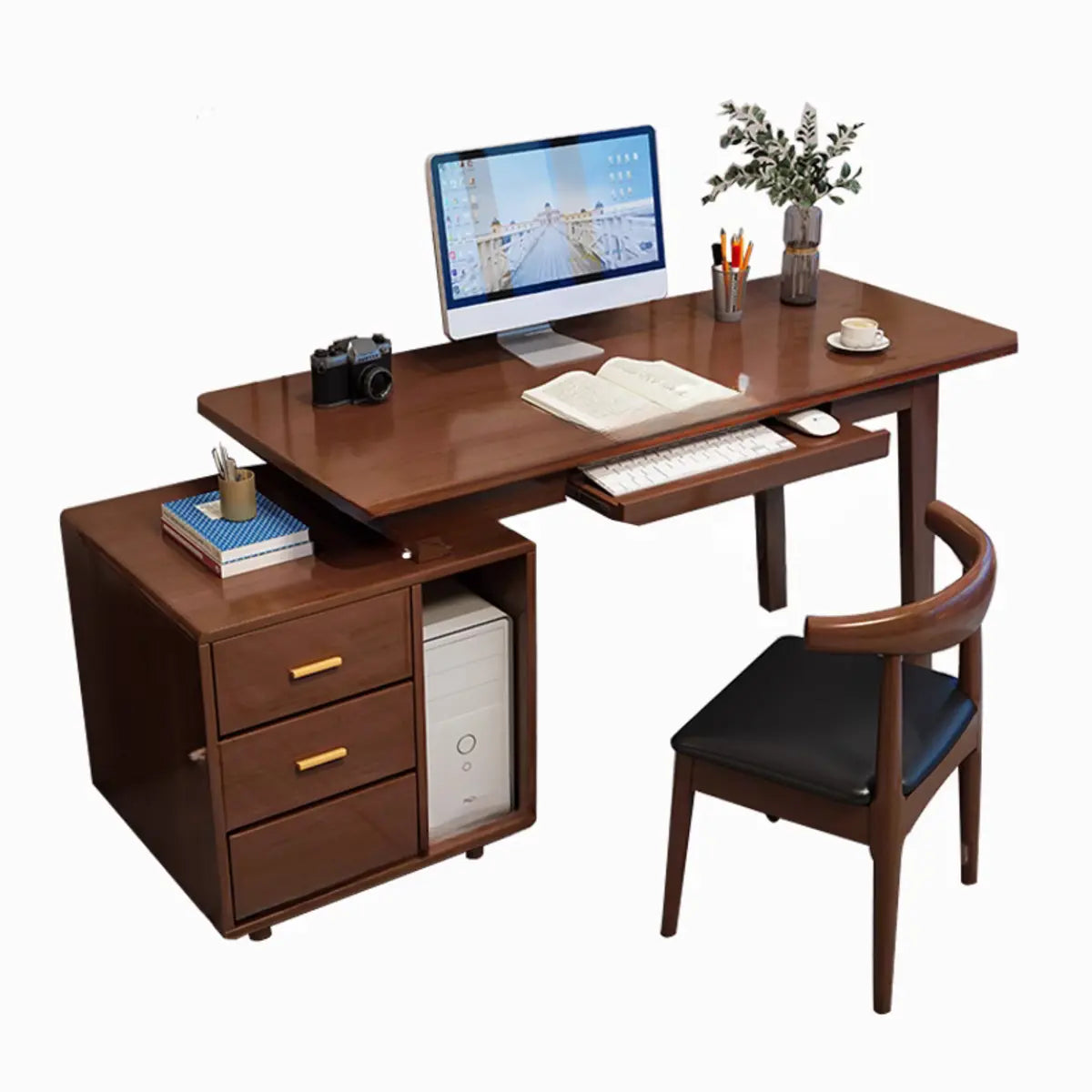 Grey Wood Drawers Retractable Storage Computer Desk Image - 12