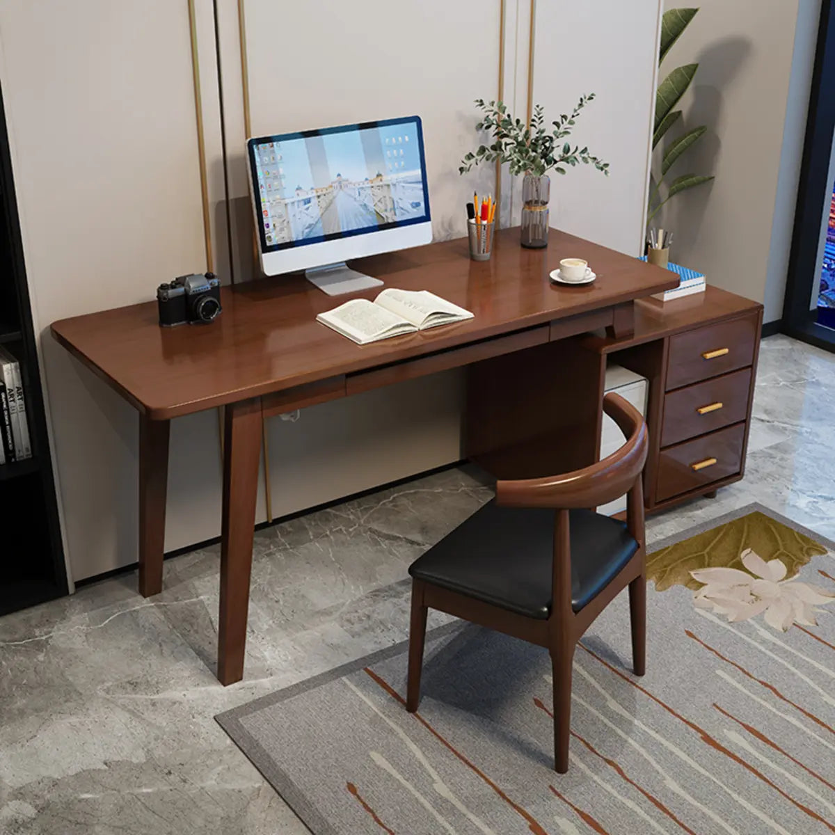 Grey Wood Drawers Retractable Storage Computer Desk Image - 4