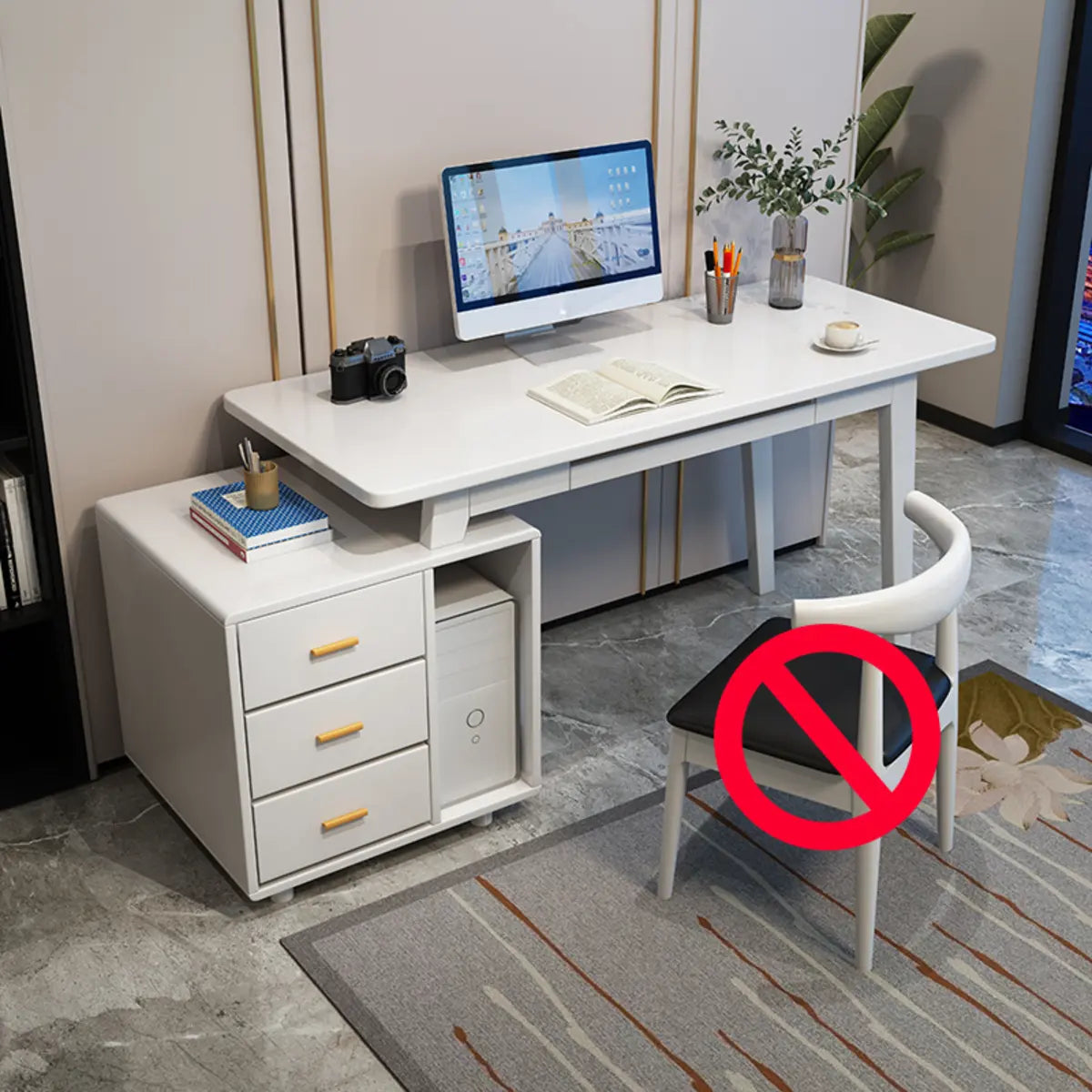 Grey Wood Drawers Retractable Storage Computer Desk Image - 5