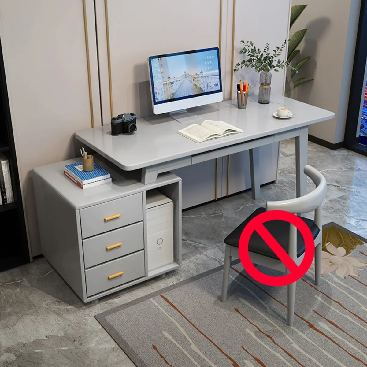 Grey Wood Drawers Retractable Storage Computer Desk Image - 7