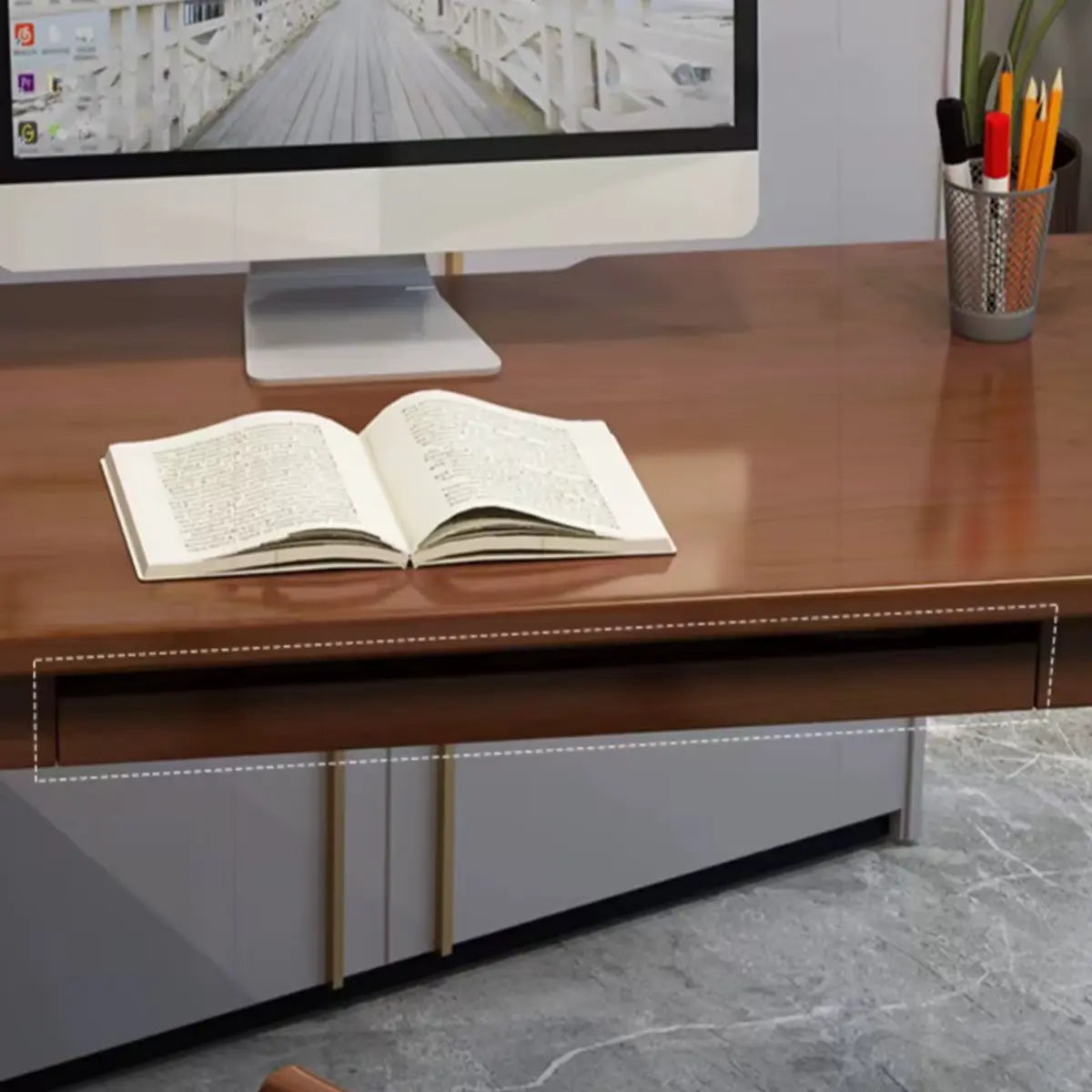 Grey Wood Drawers Retractable Storage Computer Desk Image - 8
