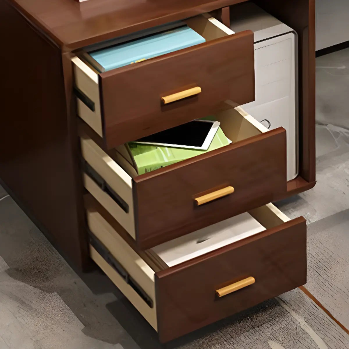 Grey Wood Drawers Retractable Storage Computer Desk Image - 9