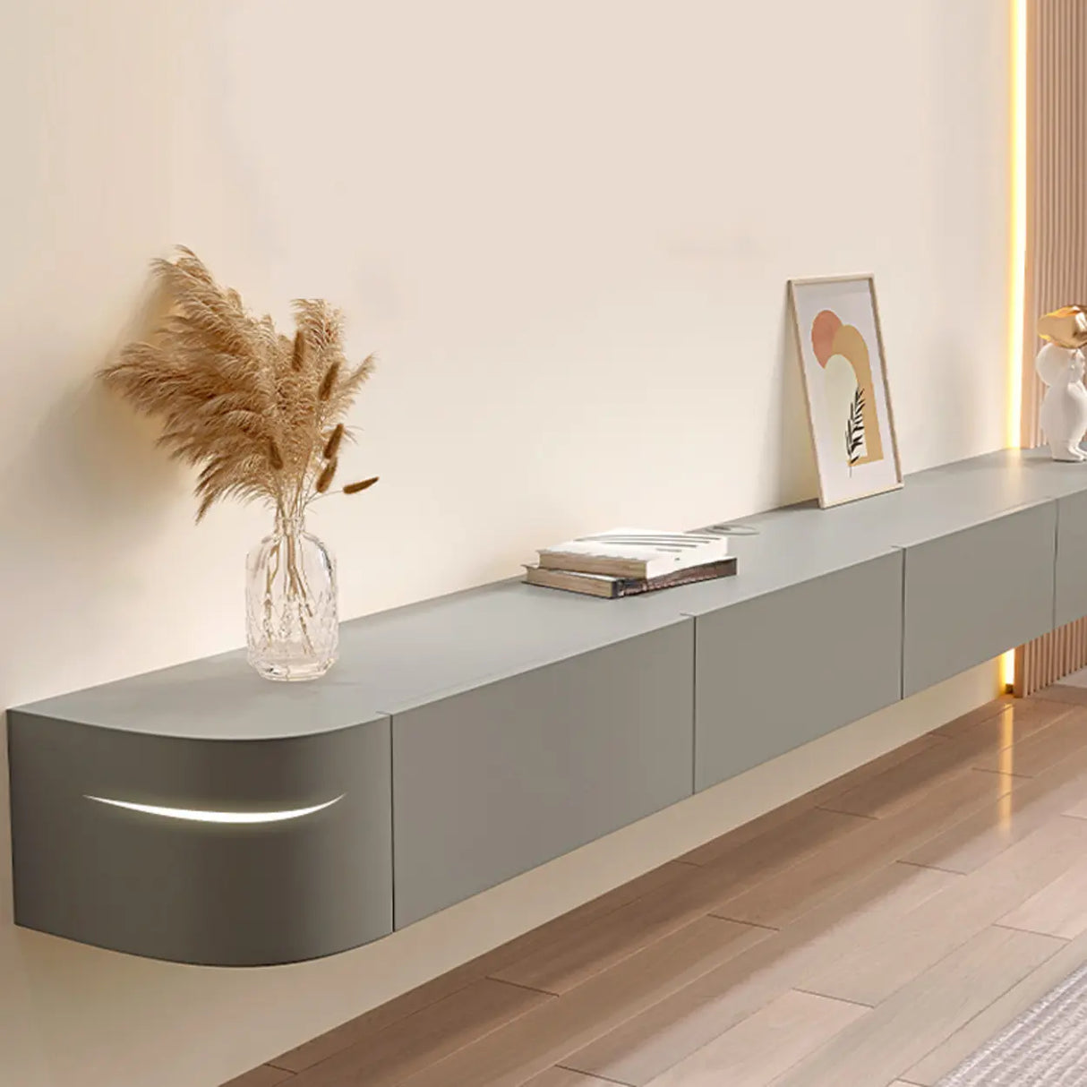 Grey Wood Floating Mount Rectangle TV Stand Image - 1