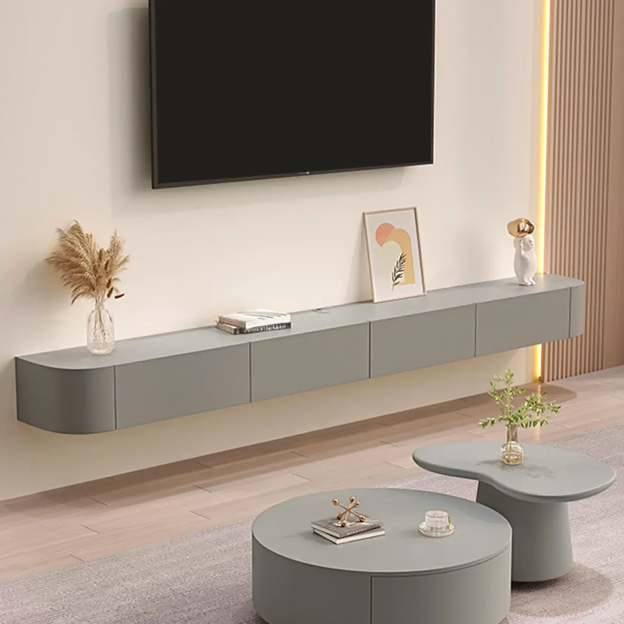 Grey Wood Floating Mount Rectangle TV Stand Image - 3