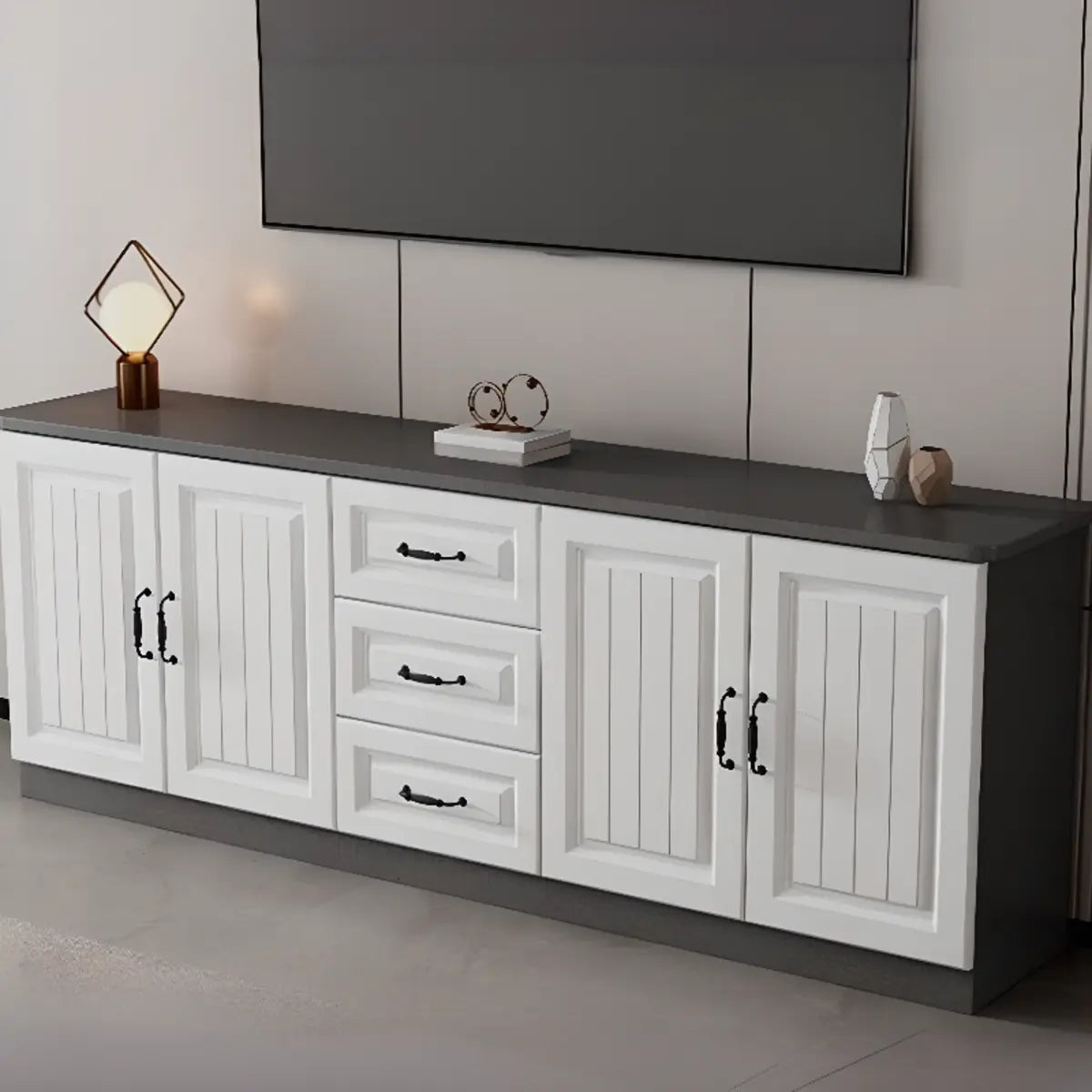 Grey Wooden Cabinet Drawers Rectangular TV Stand Image - 1