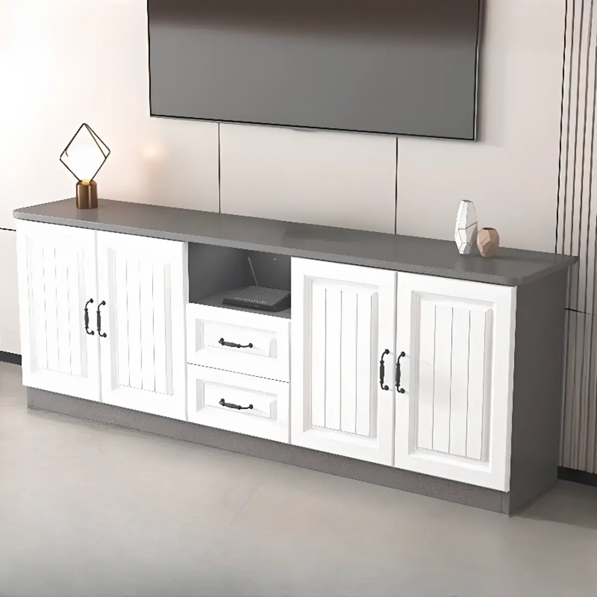 Grey Wooden Cabinet Drawers Rectangular TV Stand Image - 10