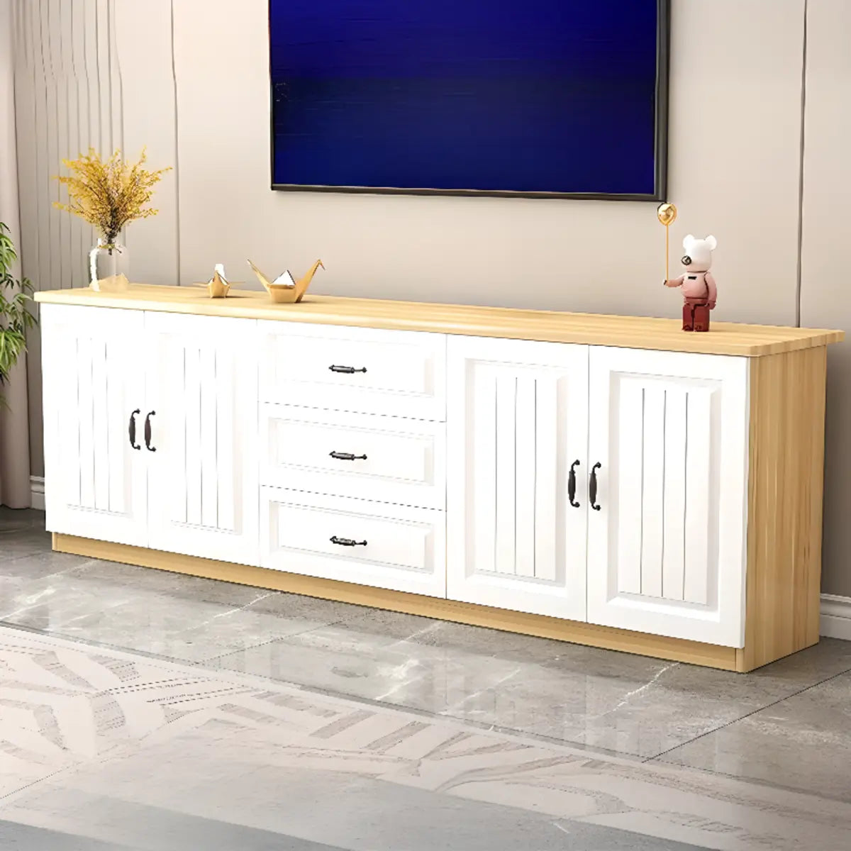 Grey Wooden Cabinet Drawers Rectangular TV Stand Image - 12