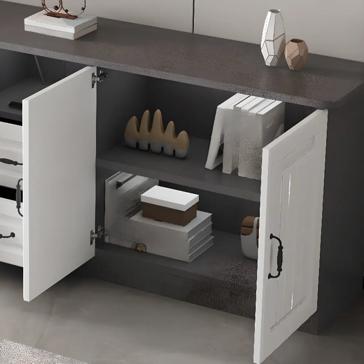 Grey Wooden Cabinet Drawers Rectangular TV Stand Image - 15