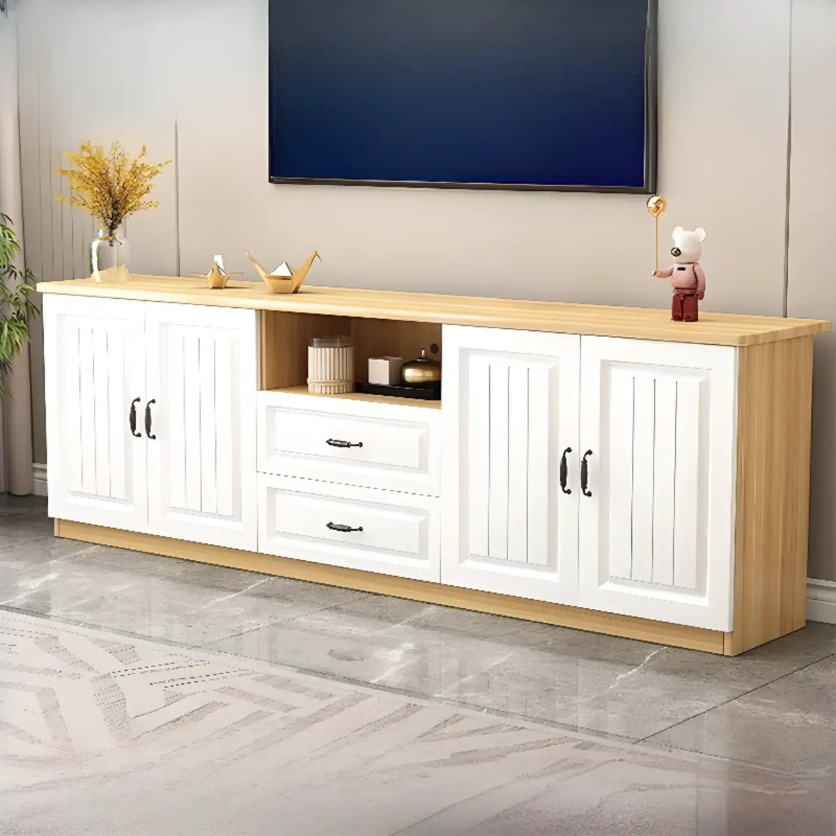 Grey Wooden Cabinet Drawers Rectangular TV Stand Image - 18