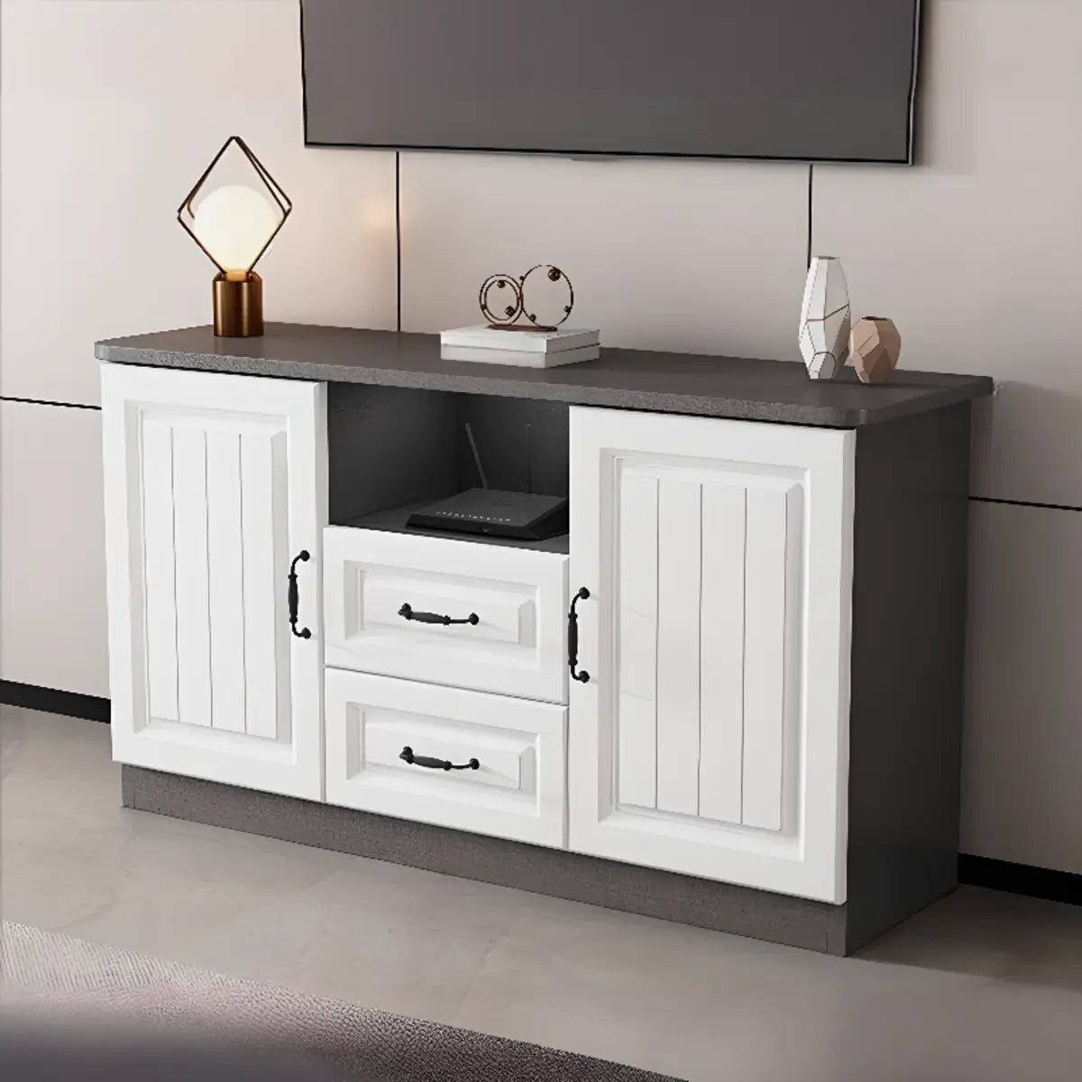 Grey Wooden Cabinet Drawers Rectangular TV Stand Image - 2