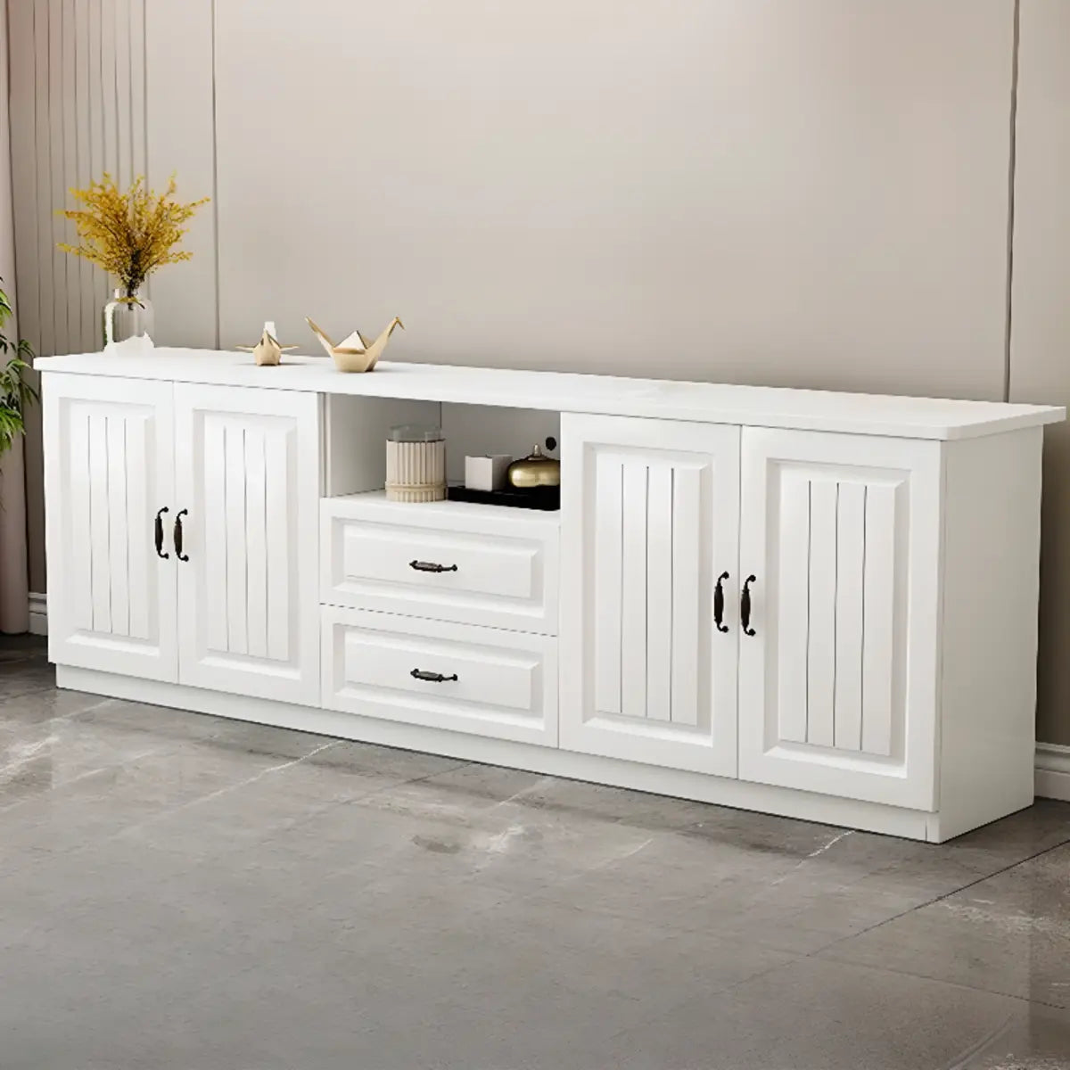 Grey Wooden Cabinet Drawers Rectangular TV Stand Image - 20