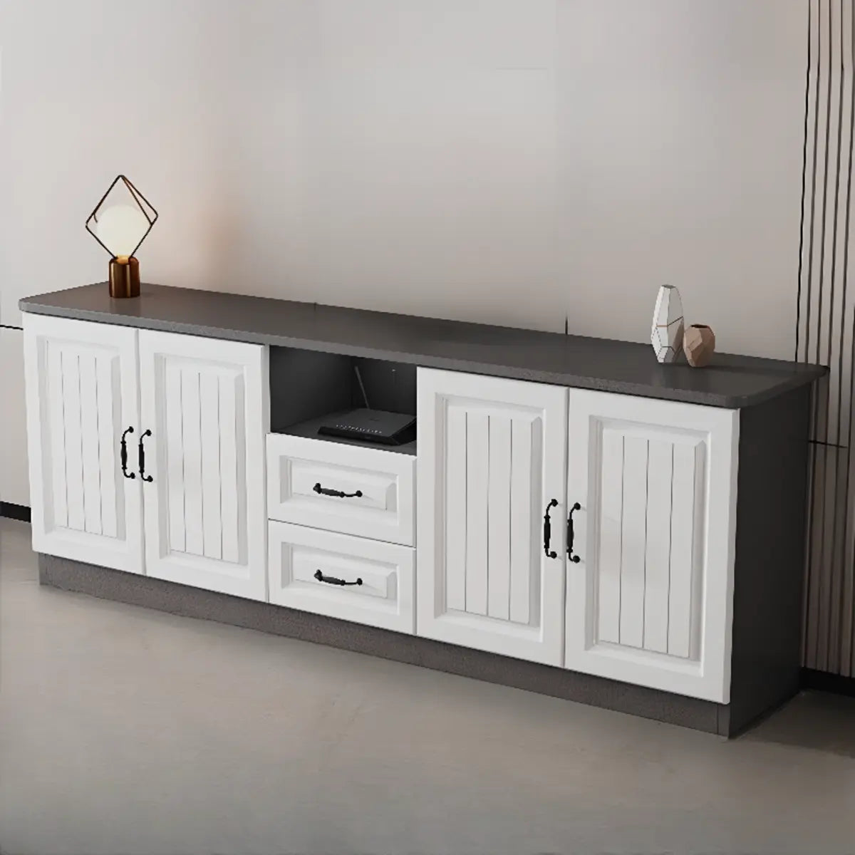 Grey Wooden Cabinet Drawers Rectangular TV Stand Image - 21