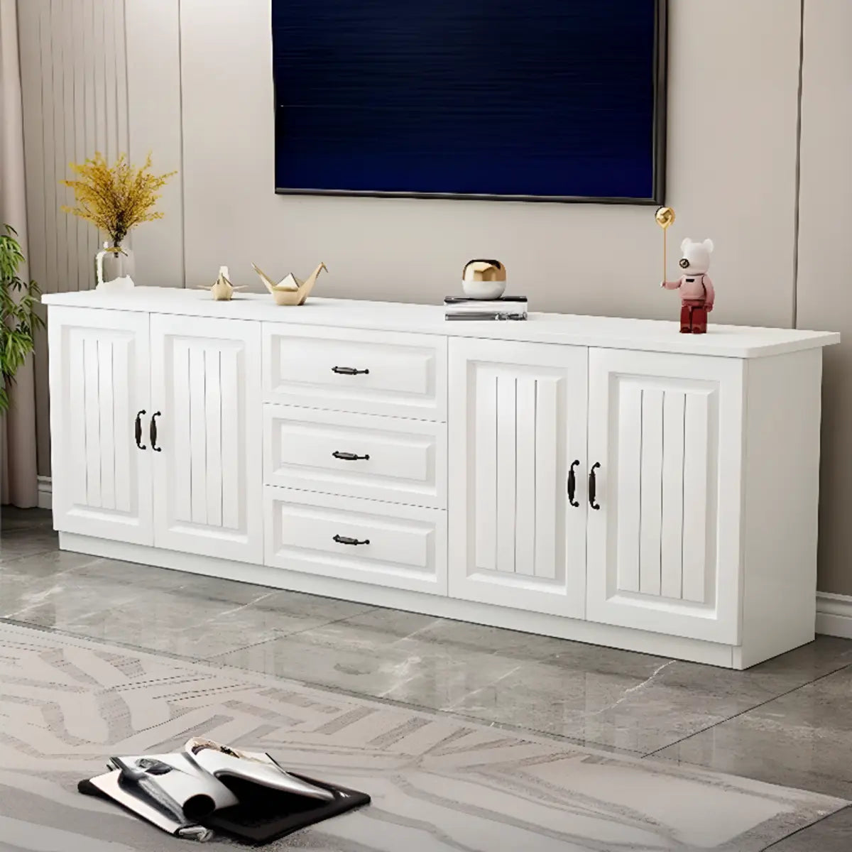 Grey Wooden Cabinet Drawers Rectangular TV Stand Image - 25