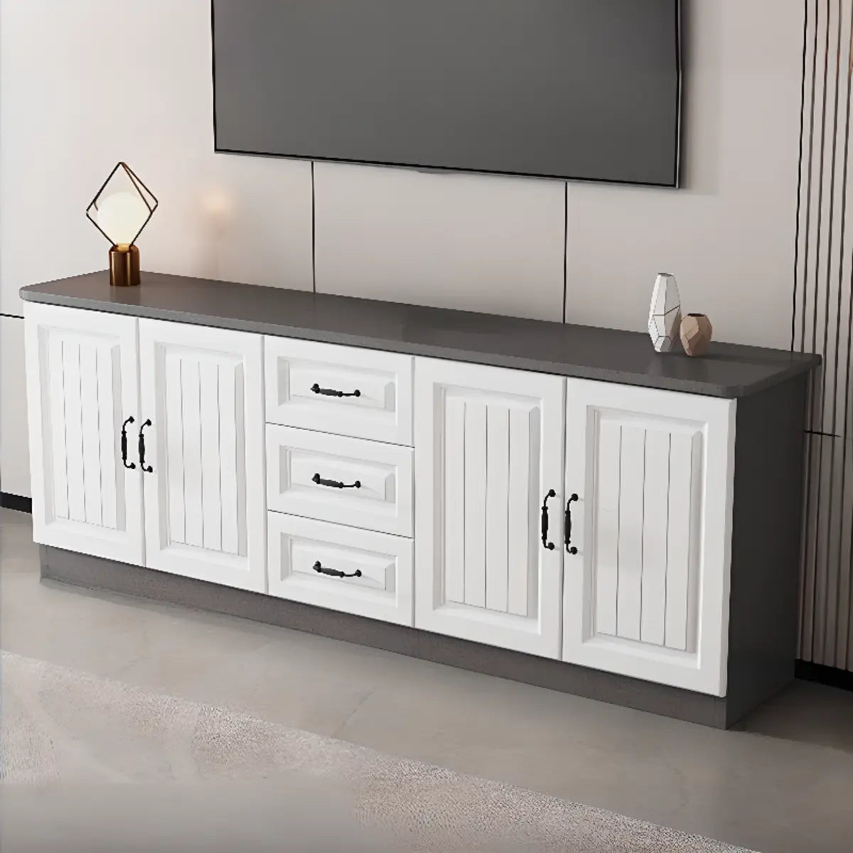 Grey Wooden Cabinet Drawers Rectangular TV Stand Image - 3