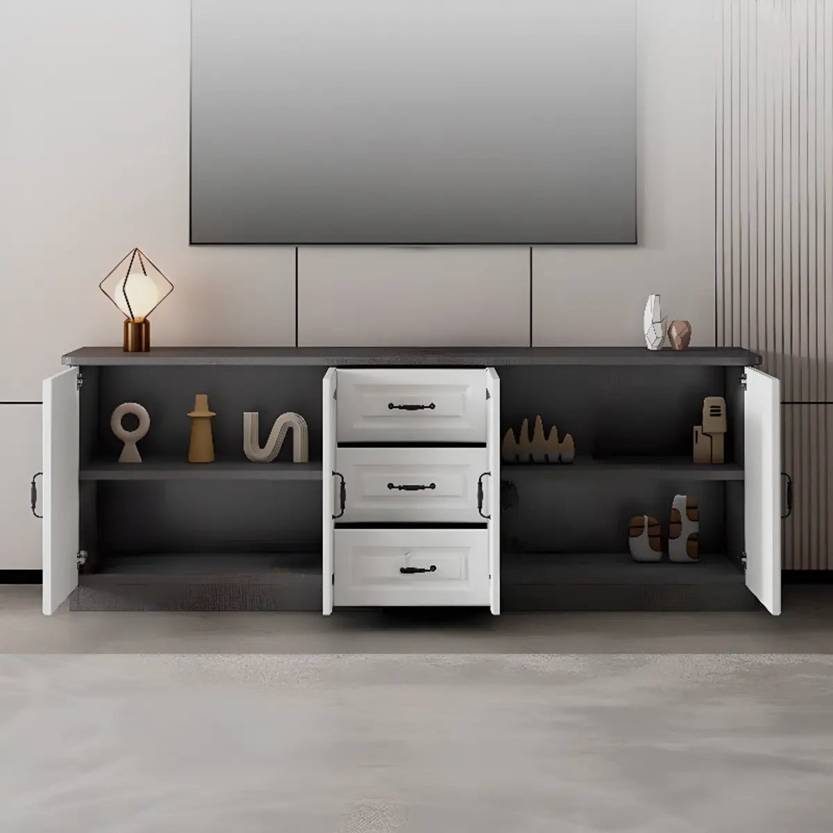 Grey Wooden Cabinet Drawers Rectangular TV Stand Image - 4