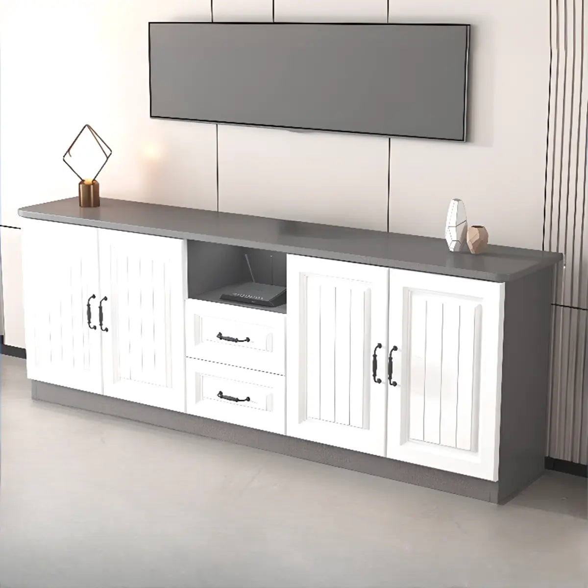 Grey Wooden Cabinet Drawers Rectangular TV Stand Image - 6