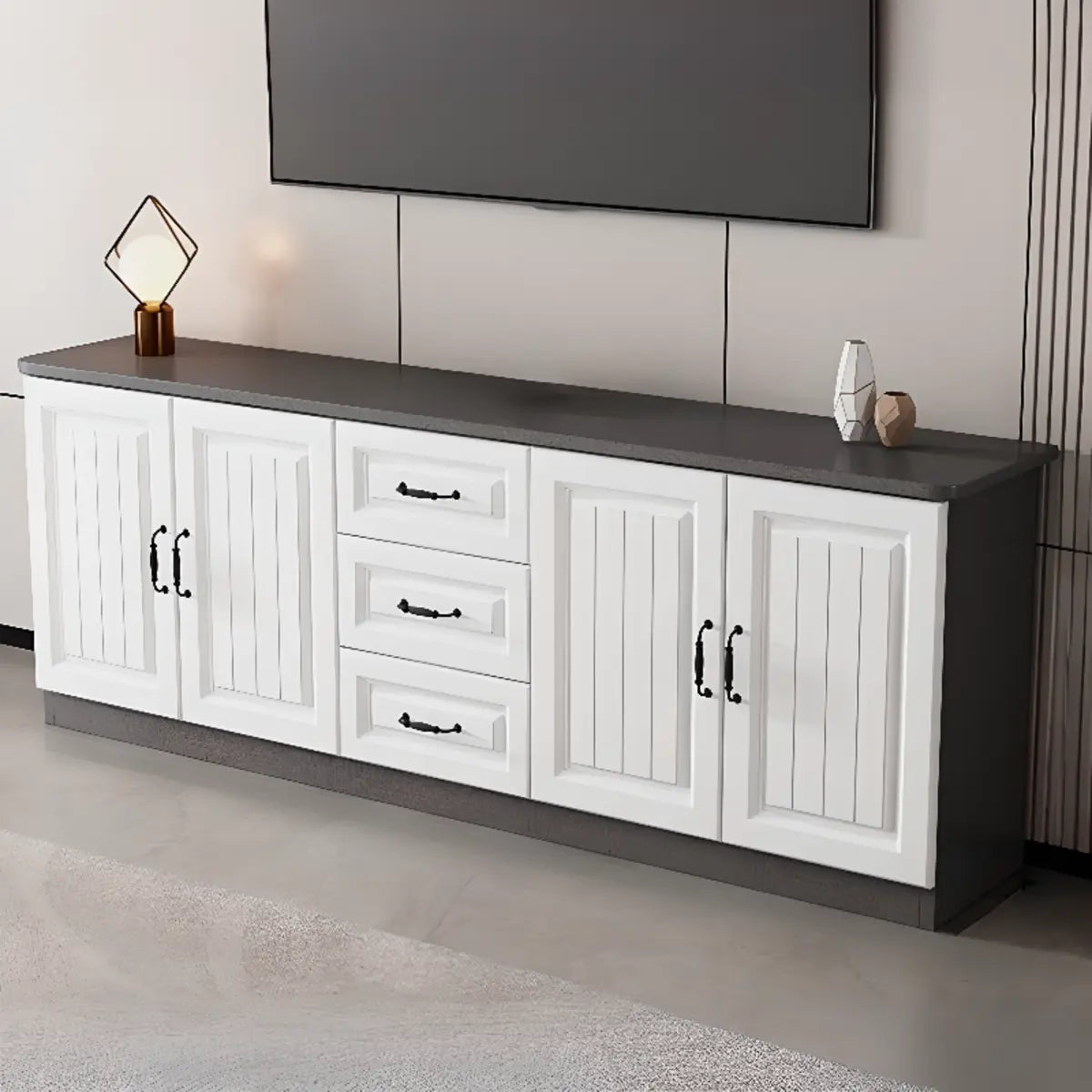 Grey Wooden Cabinet Drawers Rectangular TV Stand Image - 8