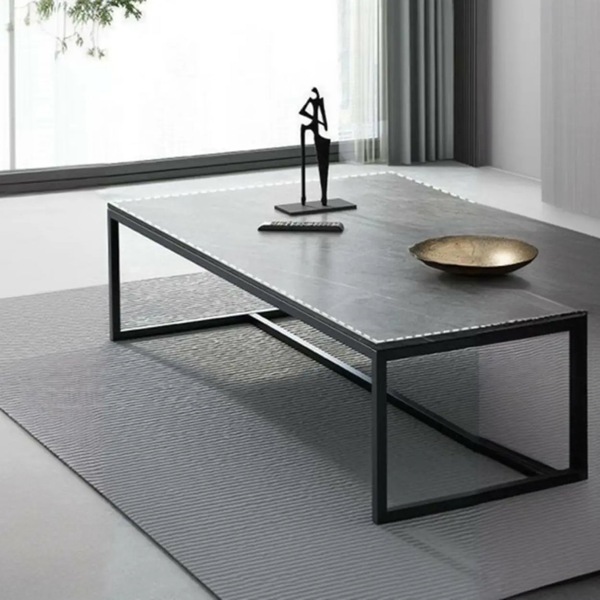 Grey Wooden Rectangular Steel Frame Coffee Table Image - 9