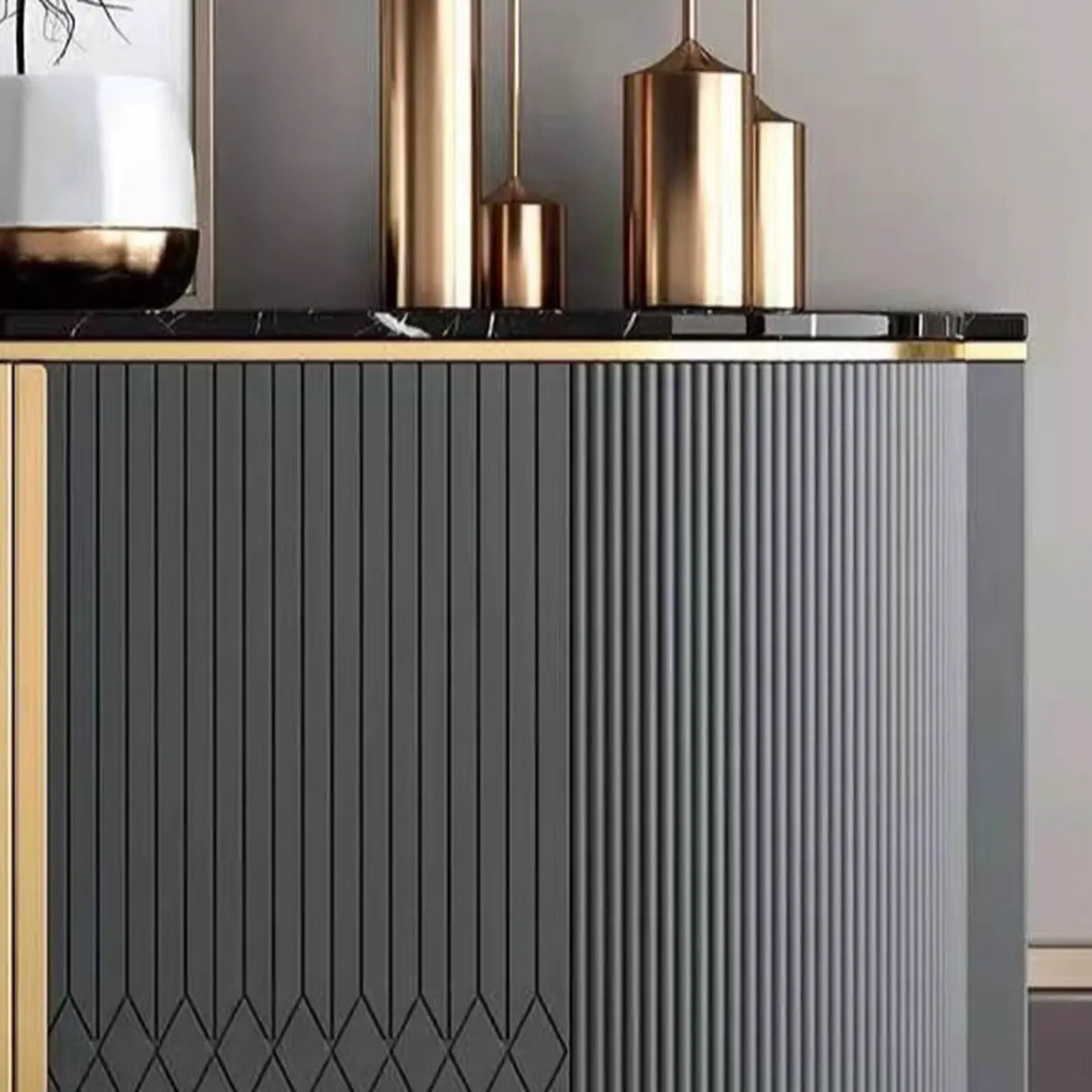 Half-Circle Faux Marble Grey Console Table with Cabinets Image - 10