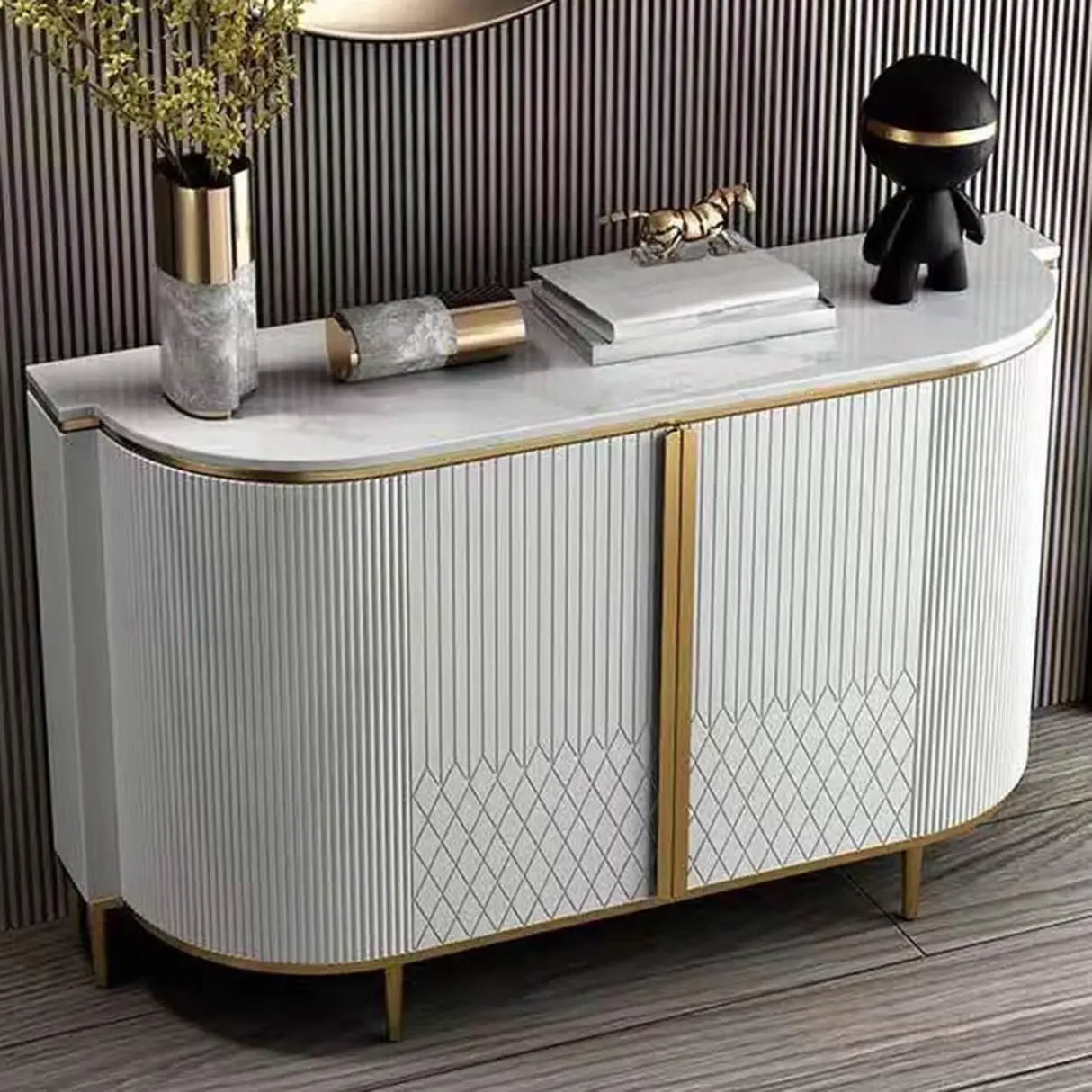 Half-Circle Faux Marble Grey Console Table with Cabinets Image - 11