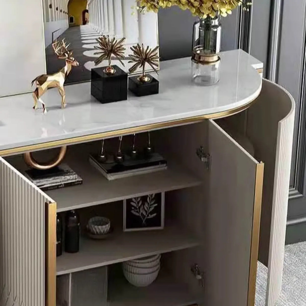 Half-Circle Faux Marble Grey Console Table with Cabinets Image - 12