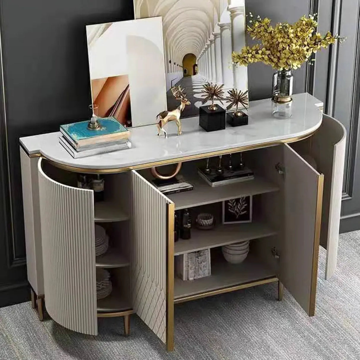 Half-Circle Faux Marble Grey Console Table with Cabinets Image - 13