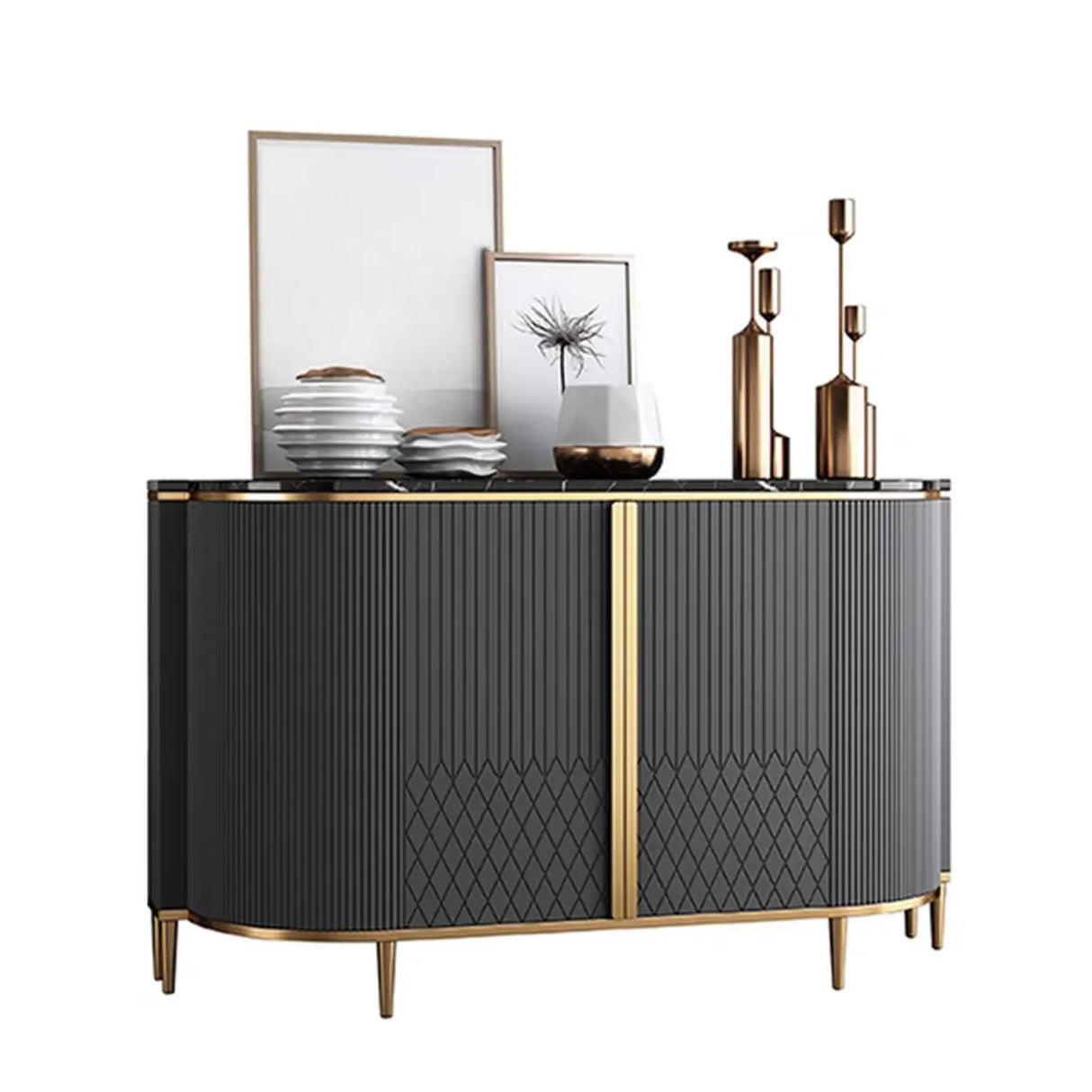 Half-Circle Faux Marble Grey Console Table with Cabinets Image - 14