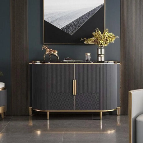 Half-Circle Faux Marble Grey Console Table with Cabinets Image - 1