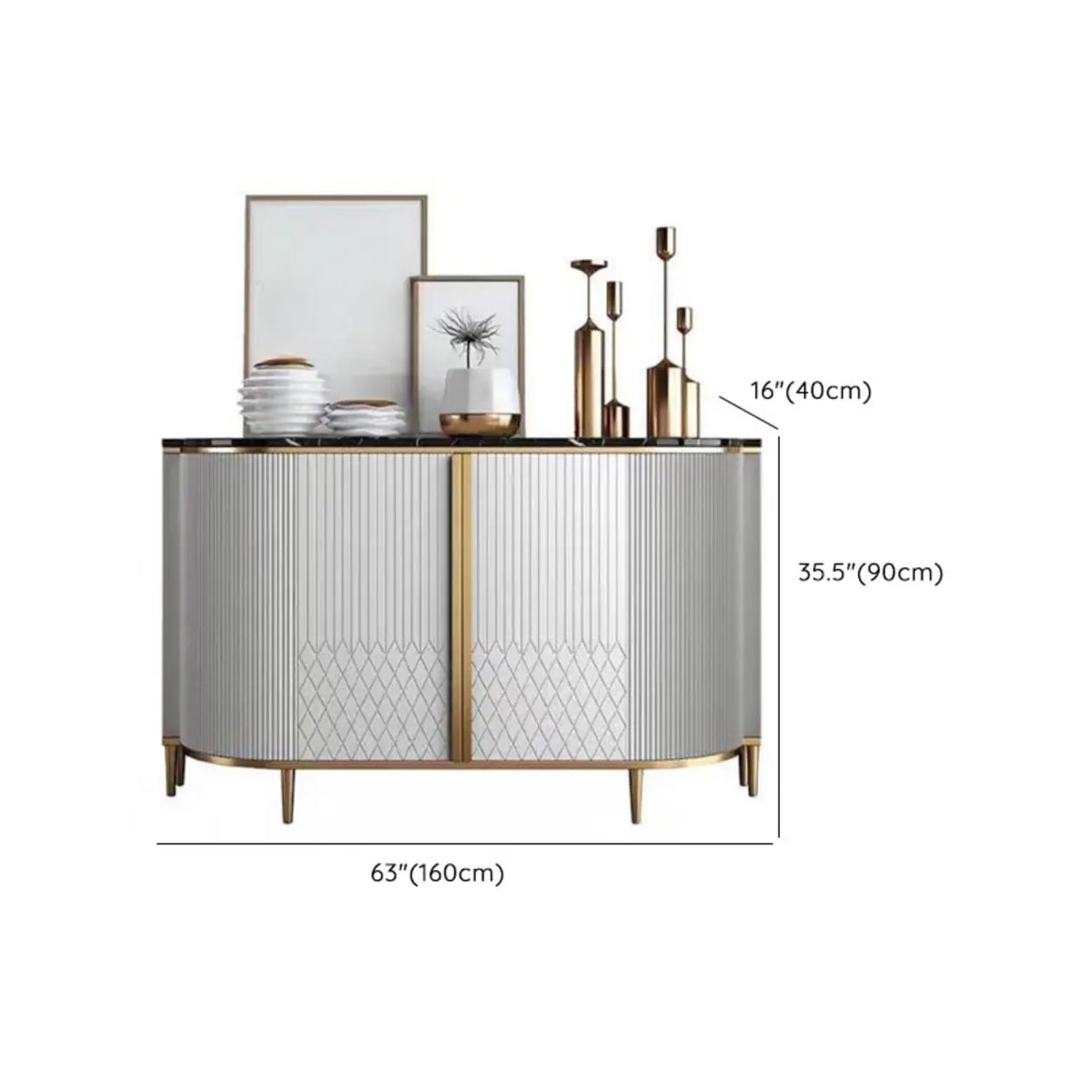 Half-Circle Faux Marble Grey Console Table with Cabinets Image - 23