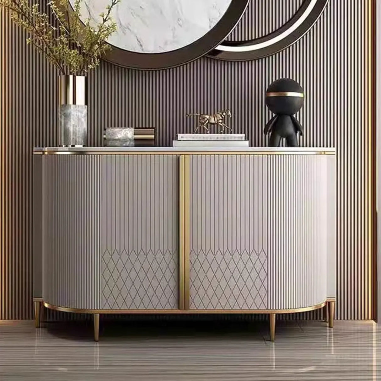 Half-Circle Faux Marble Grey Console Table with Cabinets Image - 2