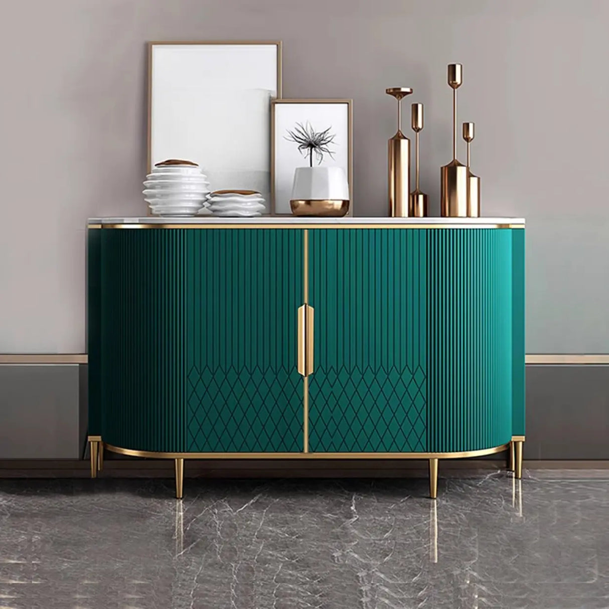 Half-Circle Faux Marble Grey Console Table with Cabinets Image - 3