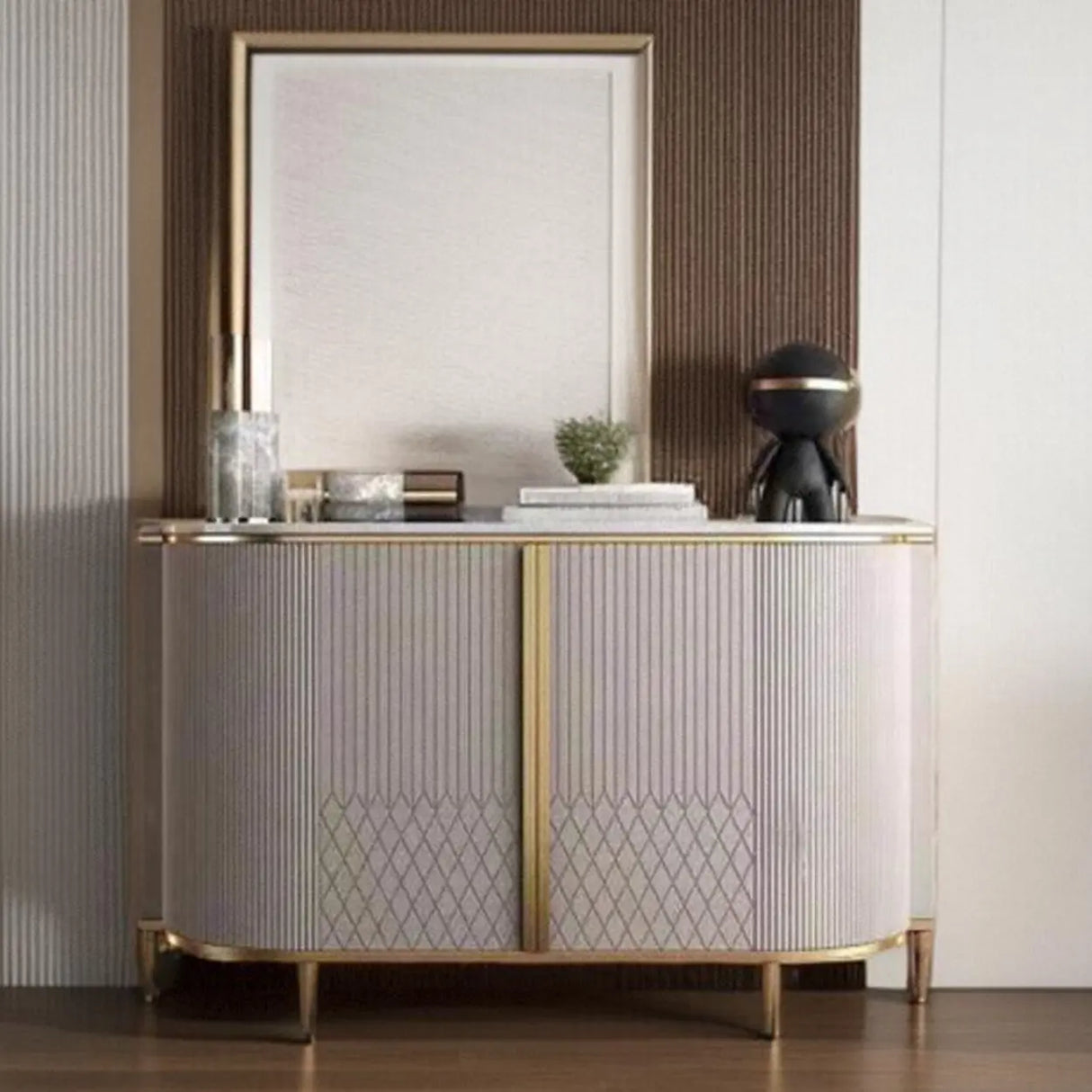 Half-Circle Faux Marble Grey Console Table with Cabinets Image - 4