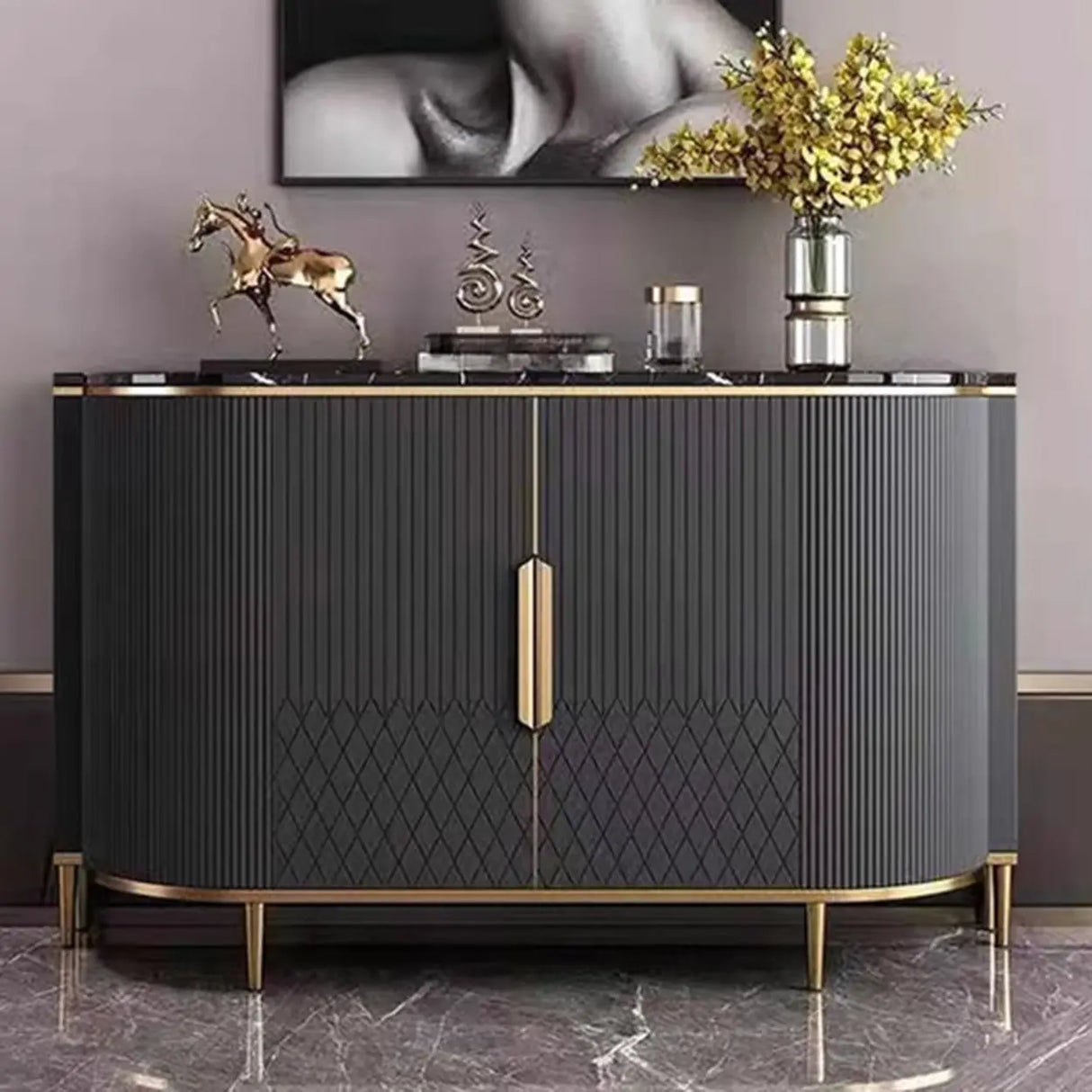 Half-Circle Faux Marble Grey Console Table with Cabinets Image - 5