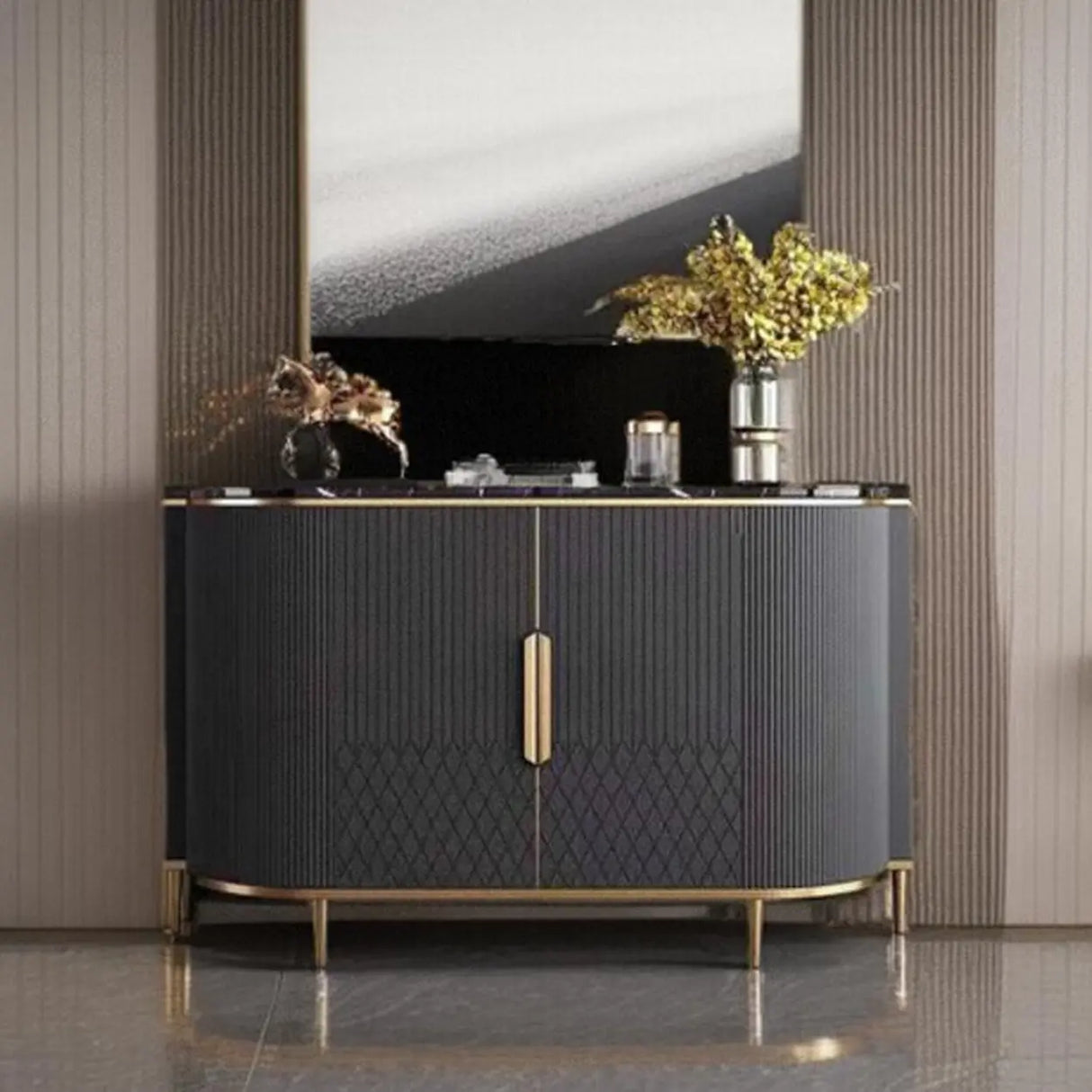 Half-Circle Faux Marble Grey Console Table with Cabinets Image - 6