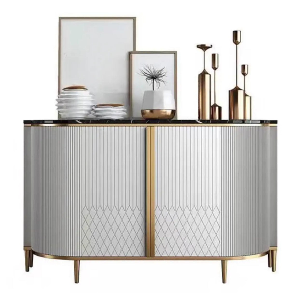 Half-Circle Faux Marble Grey Console Table with Cabinets Image - 8