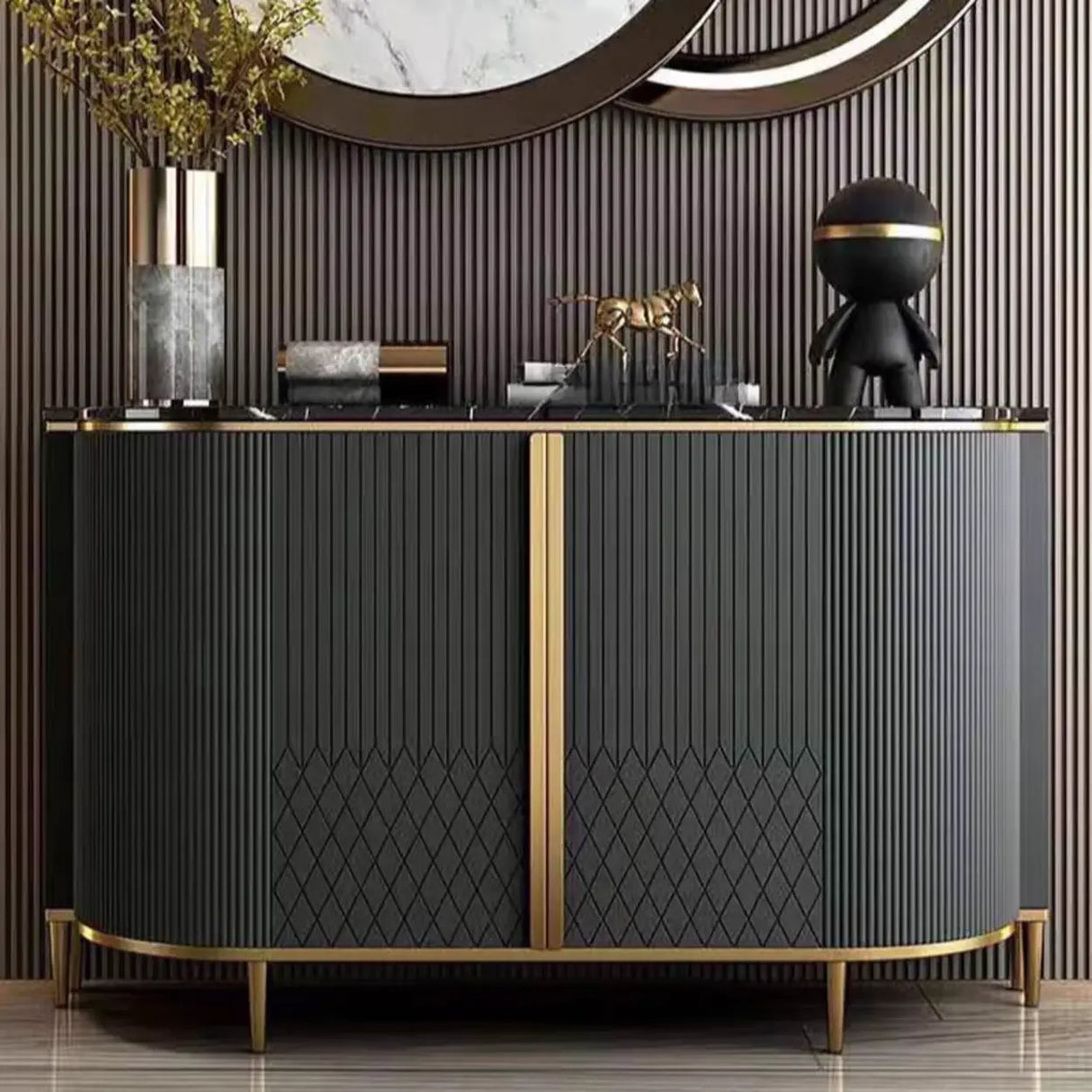 Half-Circle Faux Marble Grey Console Table with Cabinets Image - 9