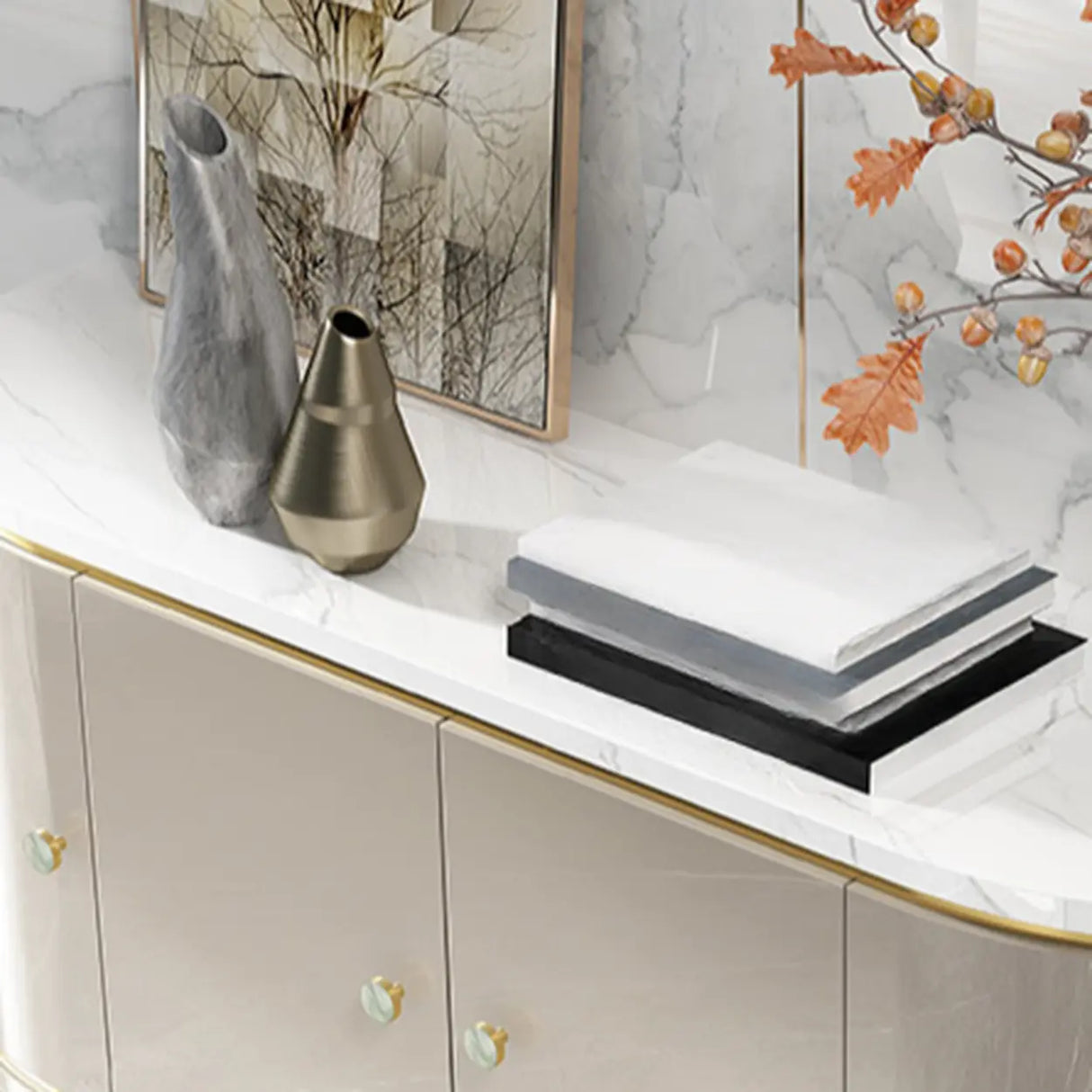 Half Circle Marble Grey Console Table with Cabinets Image - 10