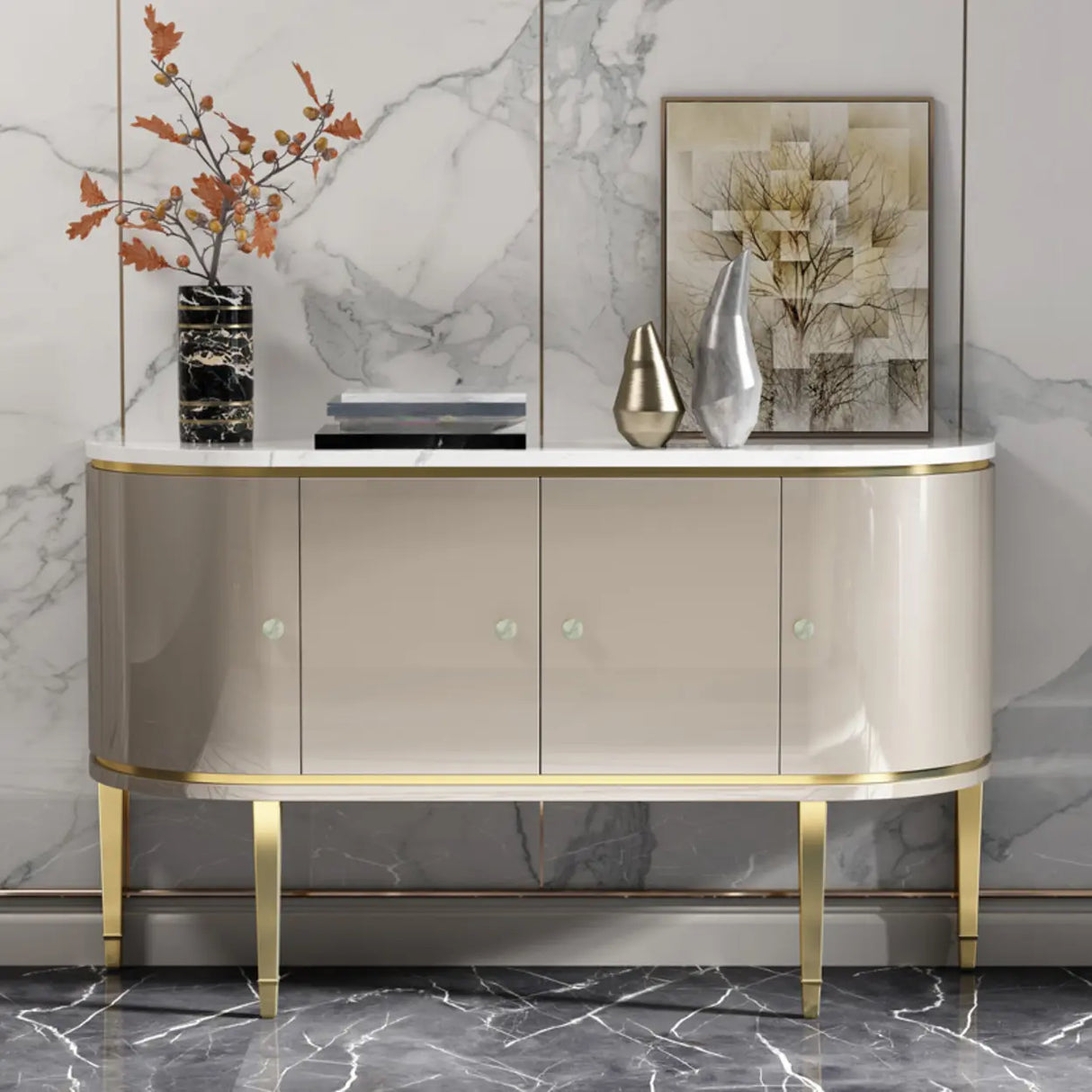 Half Circle Marble Grey Console Table with Cabinets Image - 1