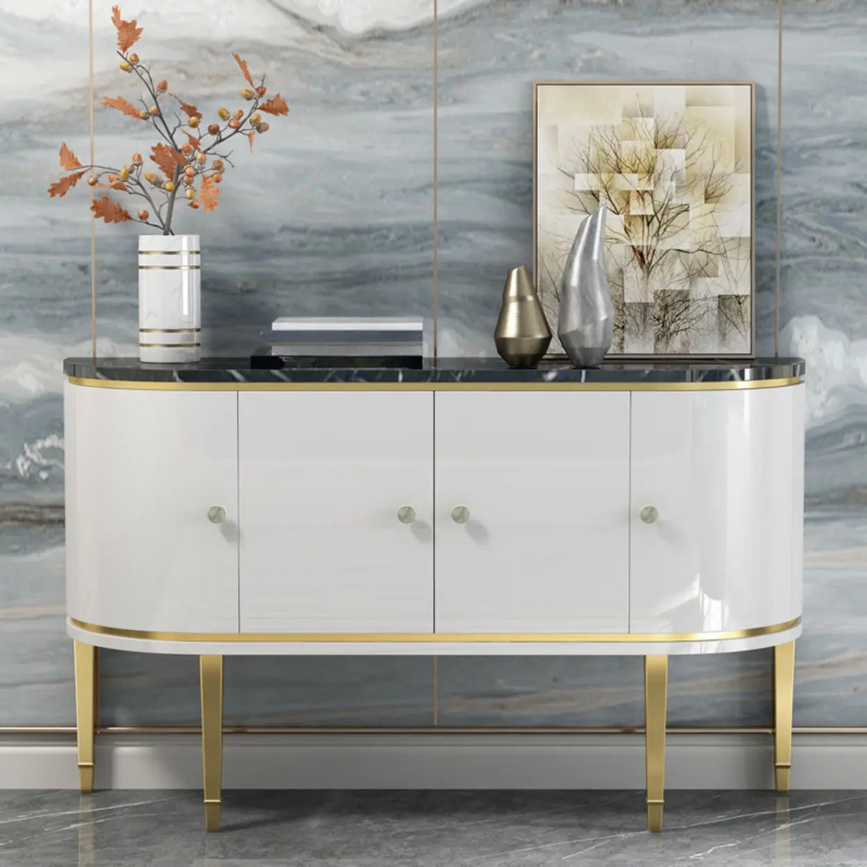 Half Circle Marble Grey Console Table with Cabinets Image - 2