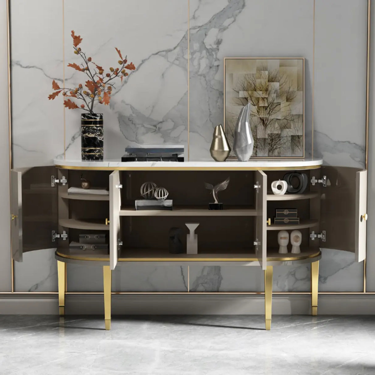 Half Circle Marble Grey Console Table with Cabinets Image - 3