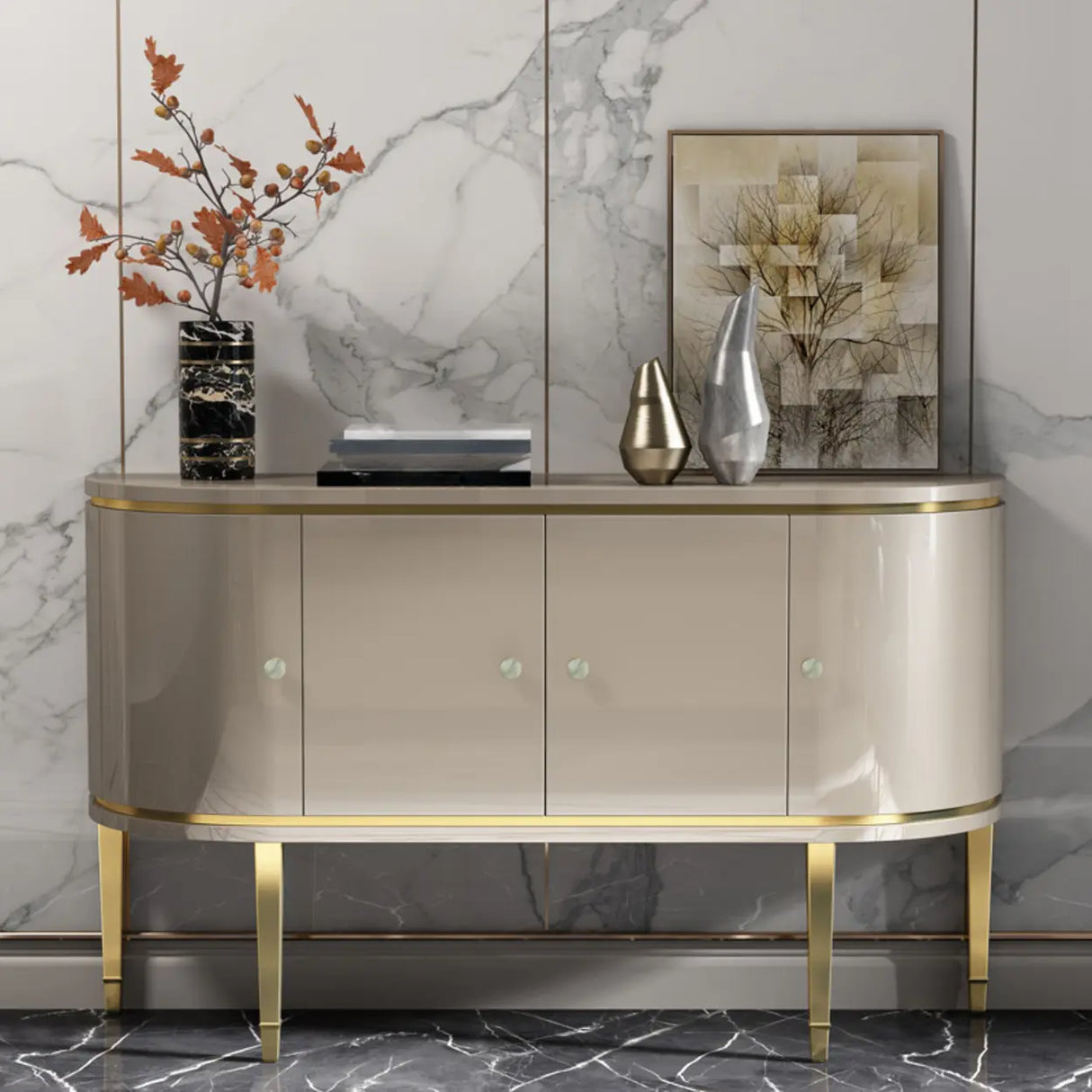 Half Circle Marble Grey Console Table with Cabinets Image - 4